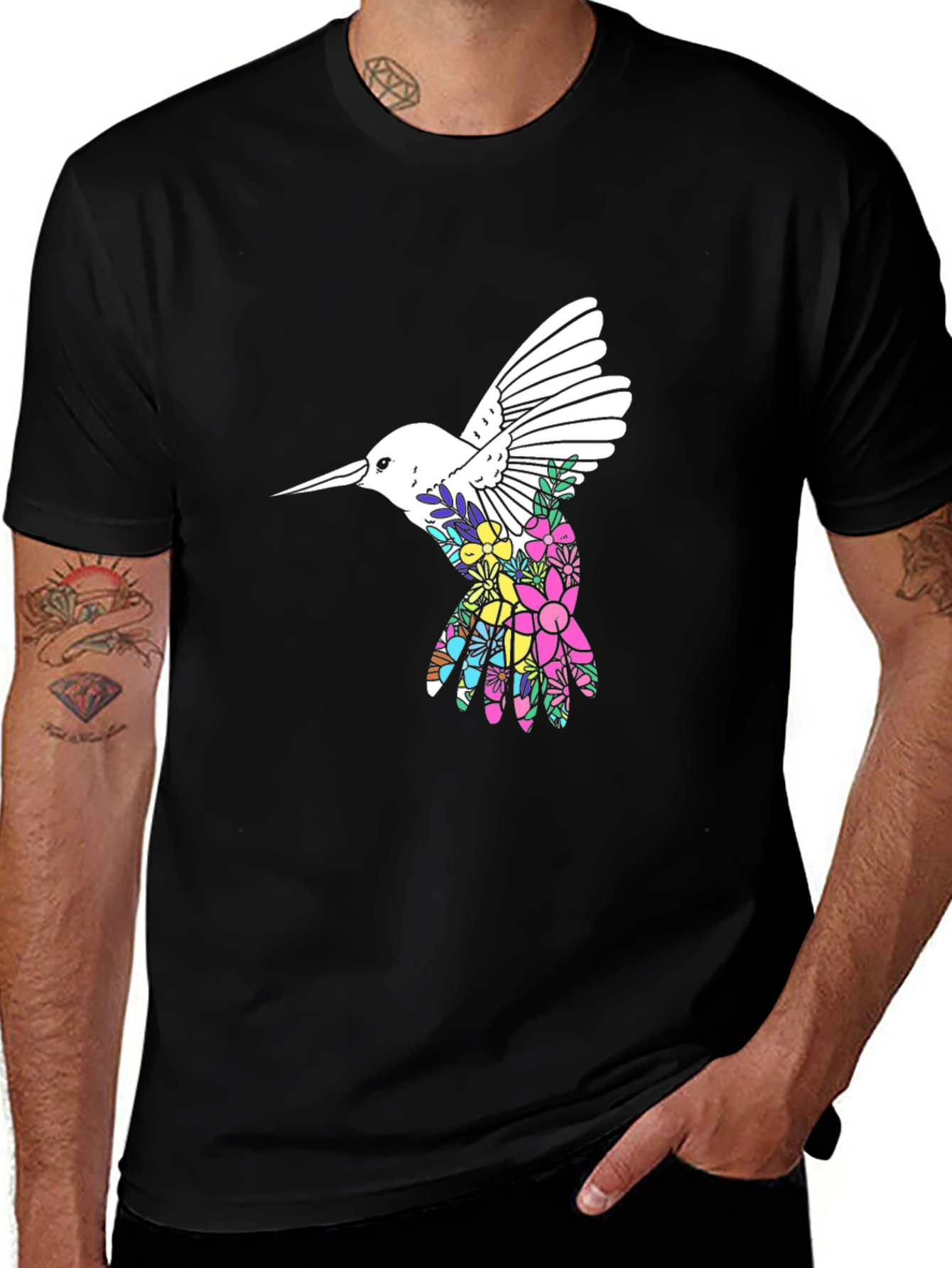 Variant 10 of Floral Hummingbird Graphic Tee - Black