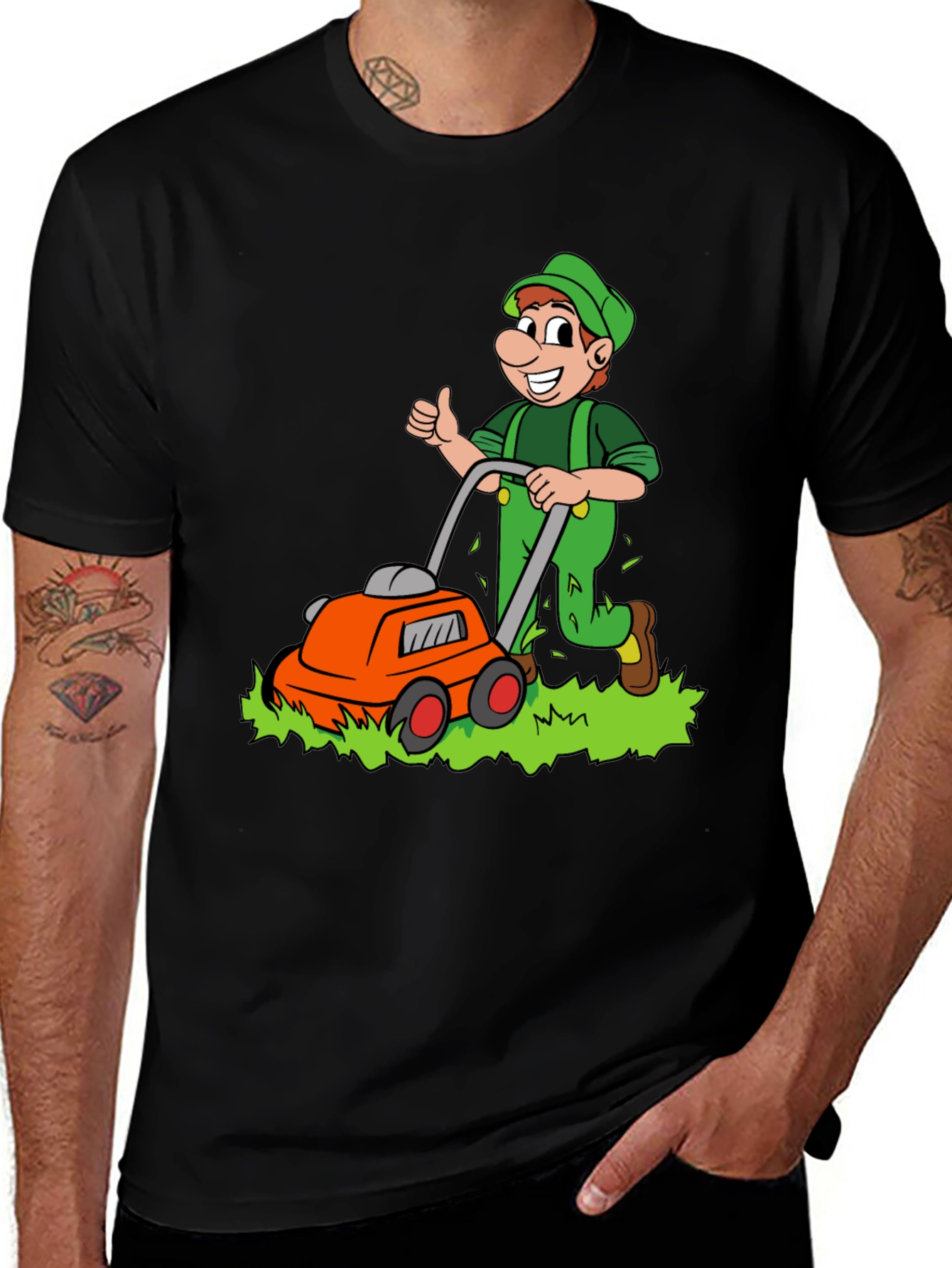 Variant 16 of Lawn Mowing Cartoon T-Shirt - Black Cotton Tee