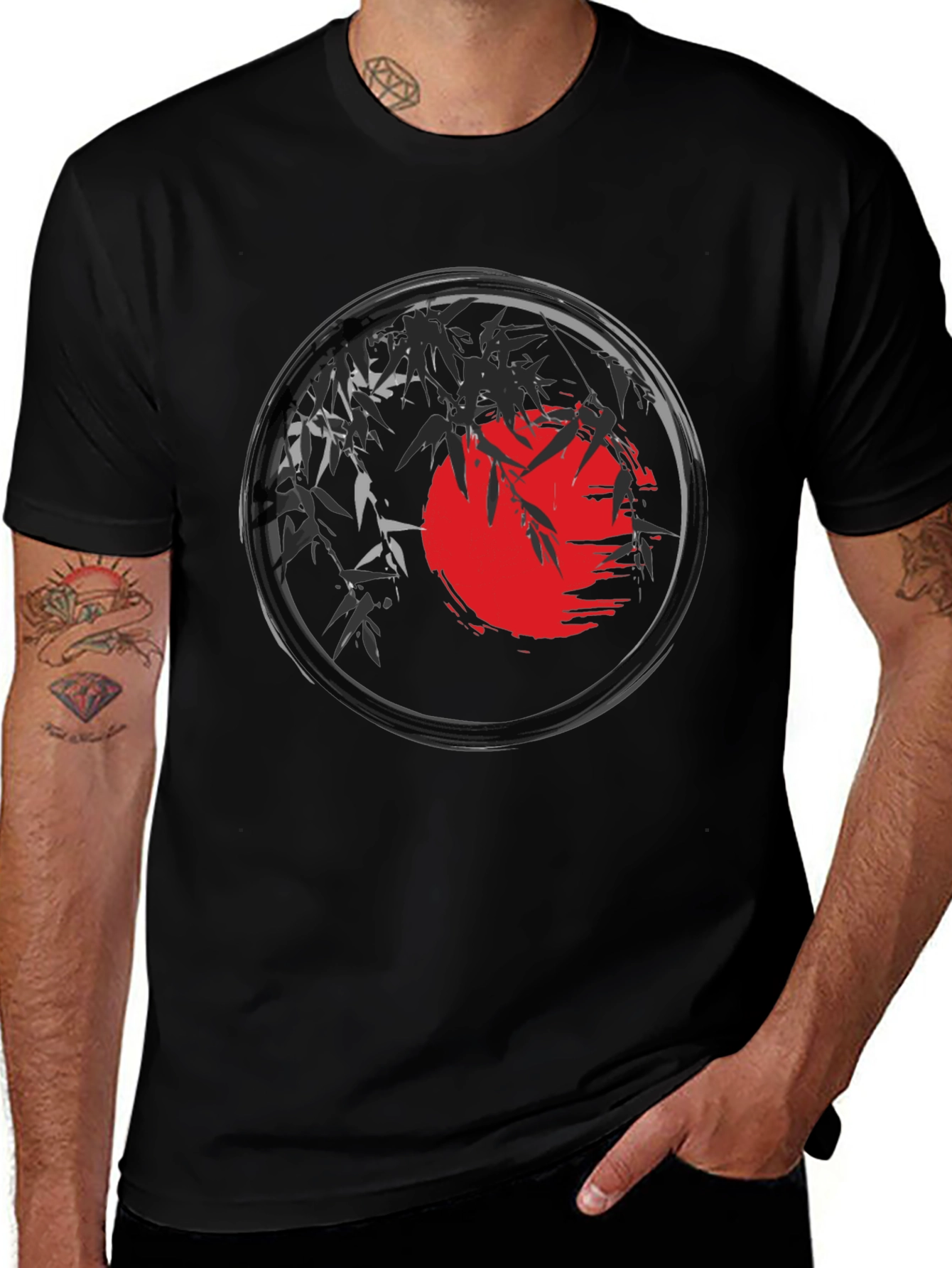 Zen Circle T-Shirt: Red Sun Bamboo Design