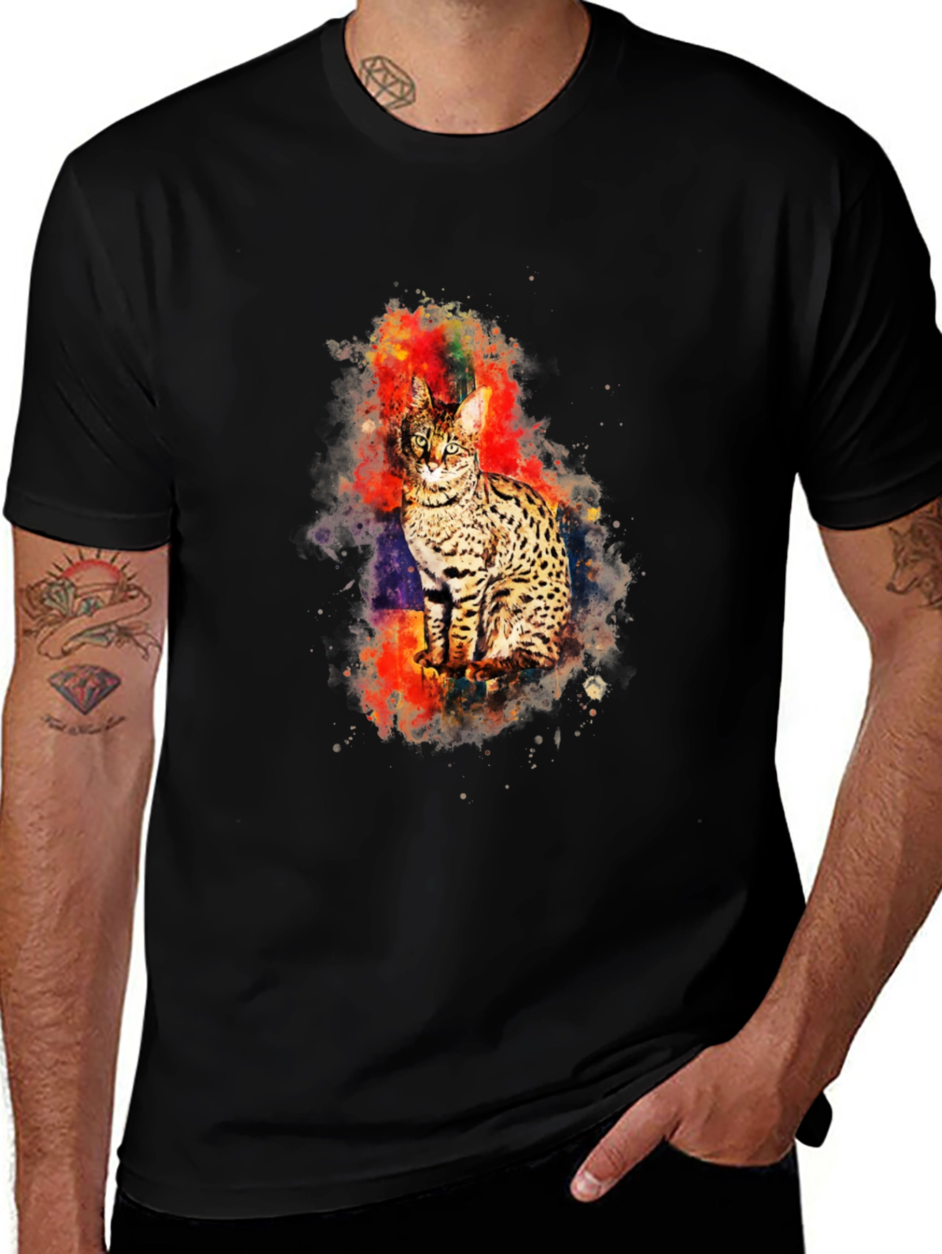 Black Savannah Cat Watercolor Graphic T-Shirt main image