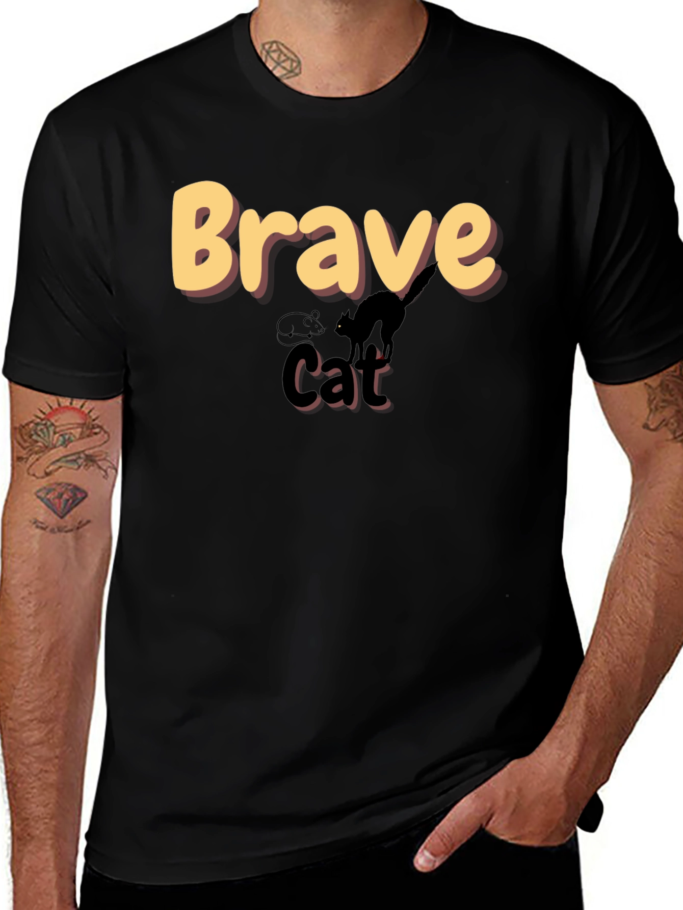 Variant 16 of Brave Cat Graphic T-Shirt - Black Crew Neck Tee
