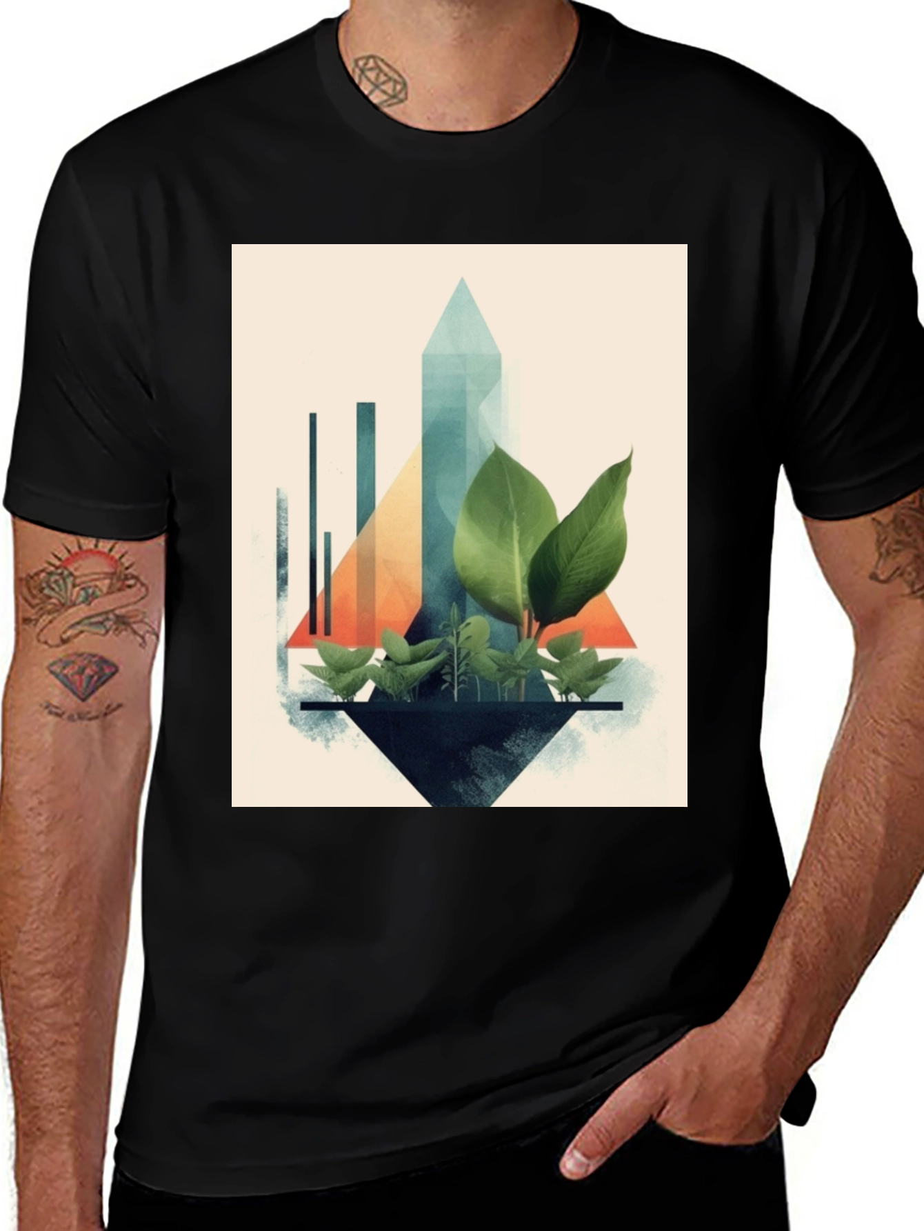 Variant 11 of Geometric Nature Print Black T-Shirt