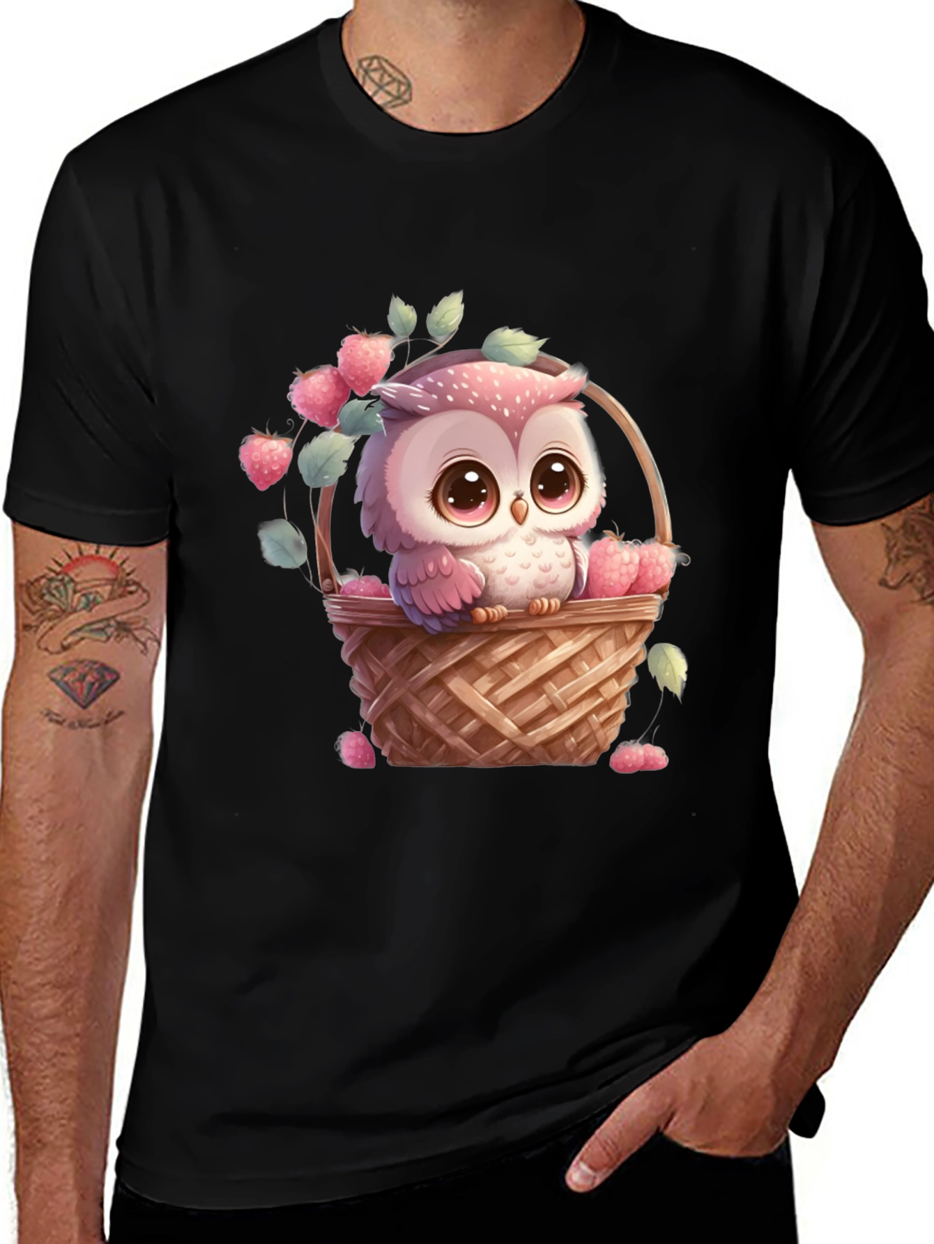 Variant 29 of Owl in Basket T-Shirt: Cute Cartoon Graphic Tee