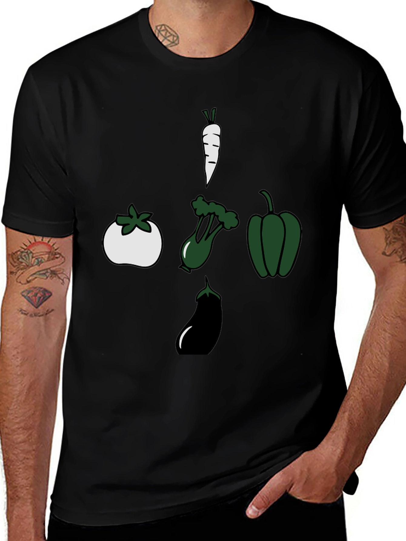 Veggie Cross T-Shirt: Carrot, Tomato, Eggplant, Pepper
