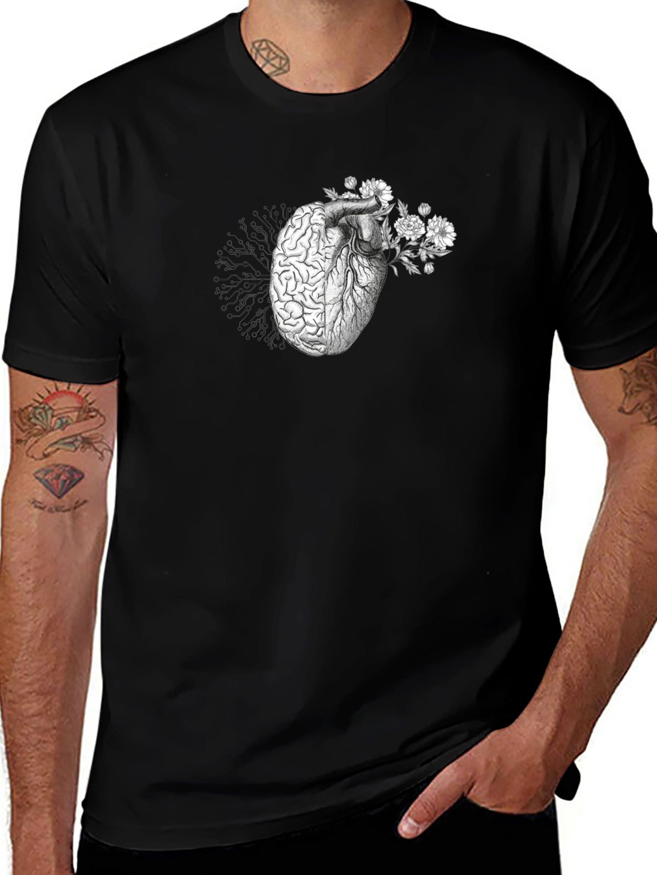Variant 20 of Heart & Brain Graphic Tee - Black Cotton Shirt