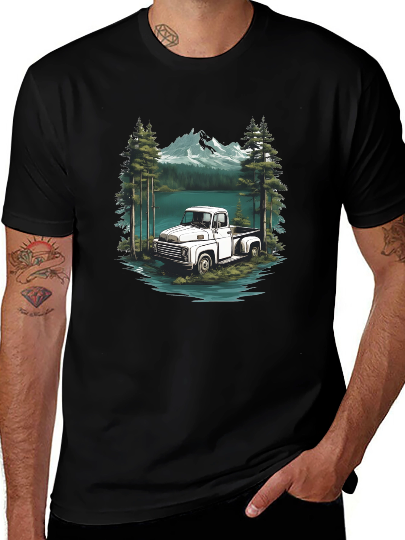 Variant 2 of Vintage Truck & Mountain Scene Black T-Shirt