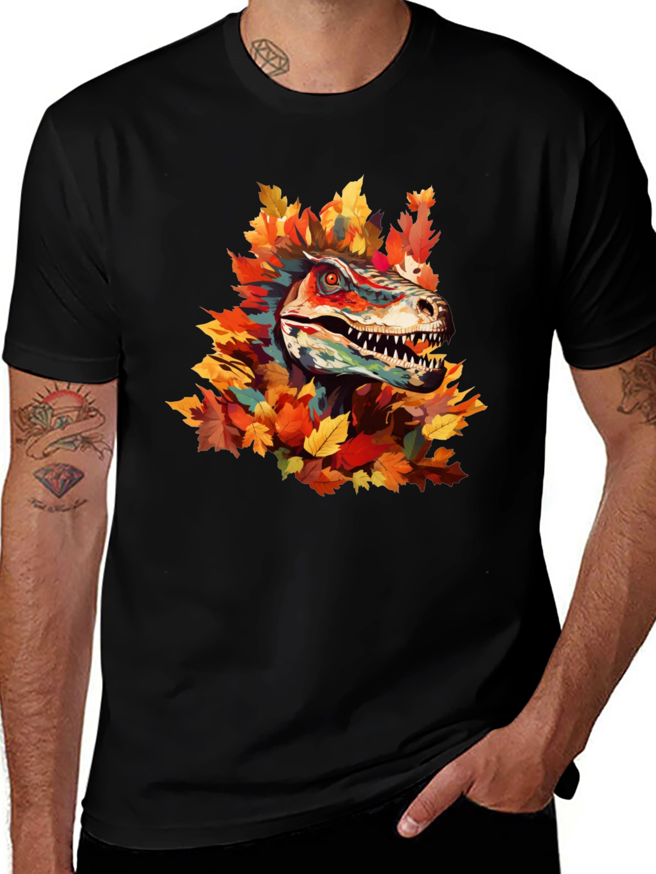 Variant 29 of Dino Autumn T-Shirt - Raptor in Fall Leaves