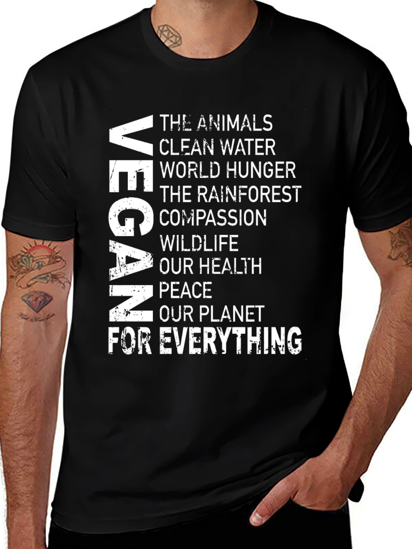Variant 27 of Vegan Message T-Shirt: Animals, Water, Hunger, Health, Peace, Planet
