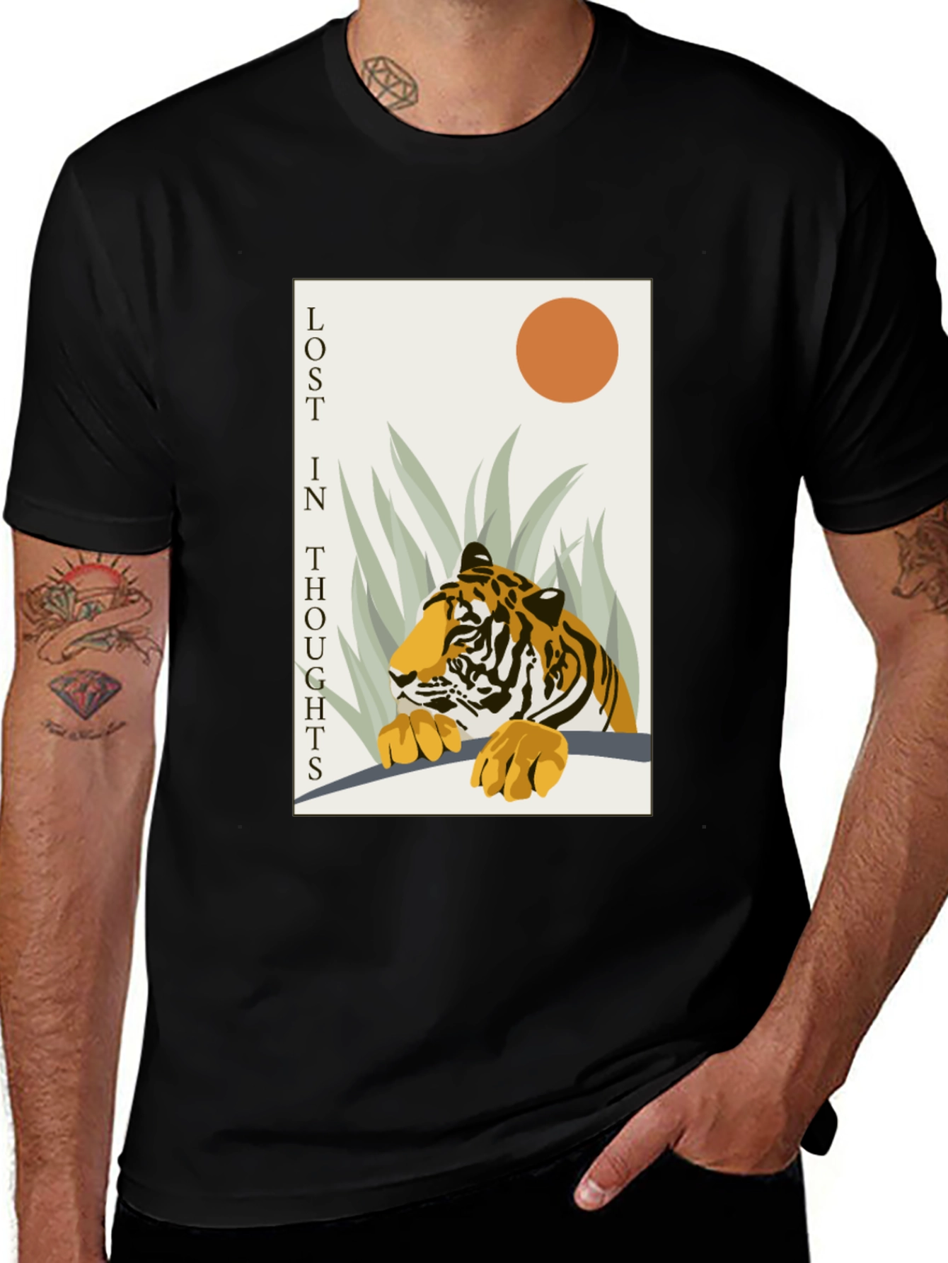 Variant 3 of Lost in Thoughts Tiger Graphic Tee - Stylish Black T-Shirt