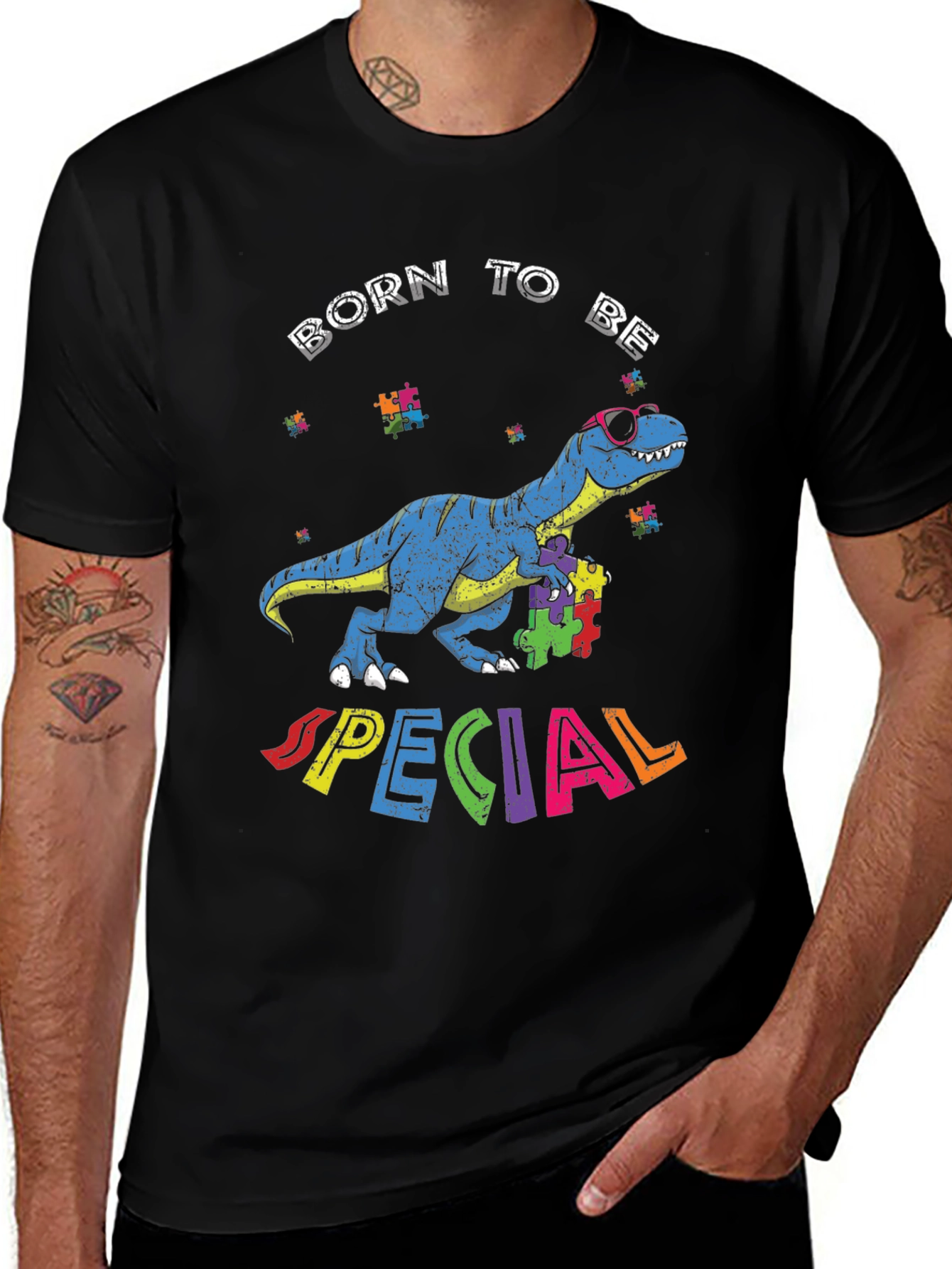 Black Born to Be Special Autism Awareness Dinosaur T-Shirt main image