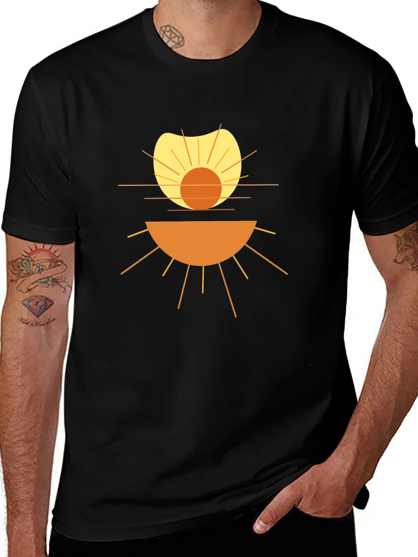 Abstract Geometric Sun Graphic Tee - Black Cotton