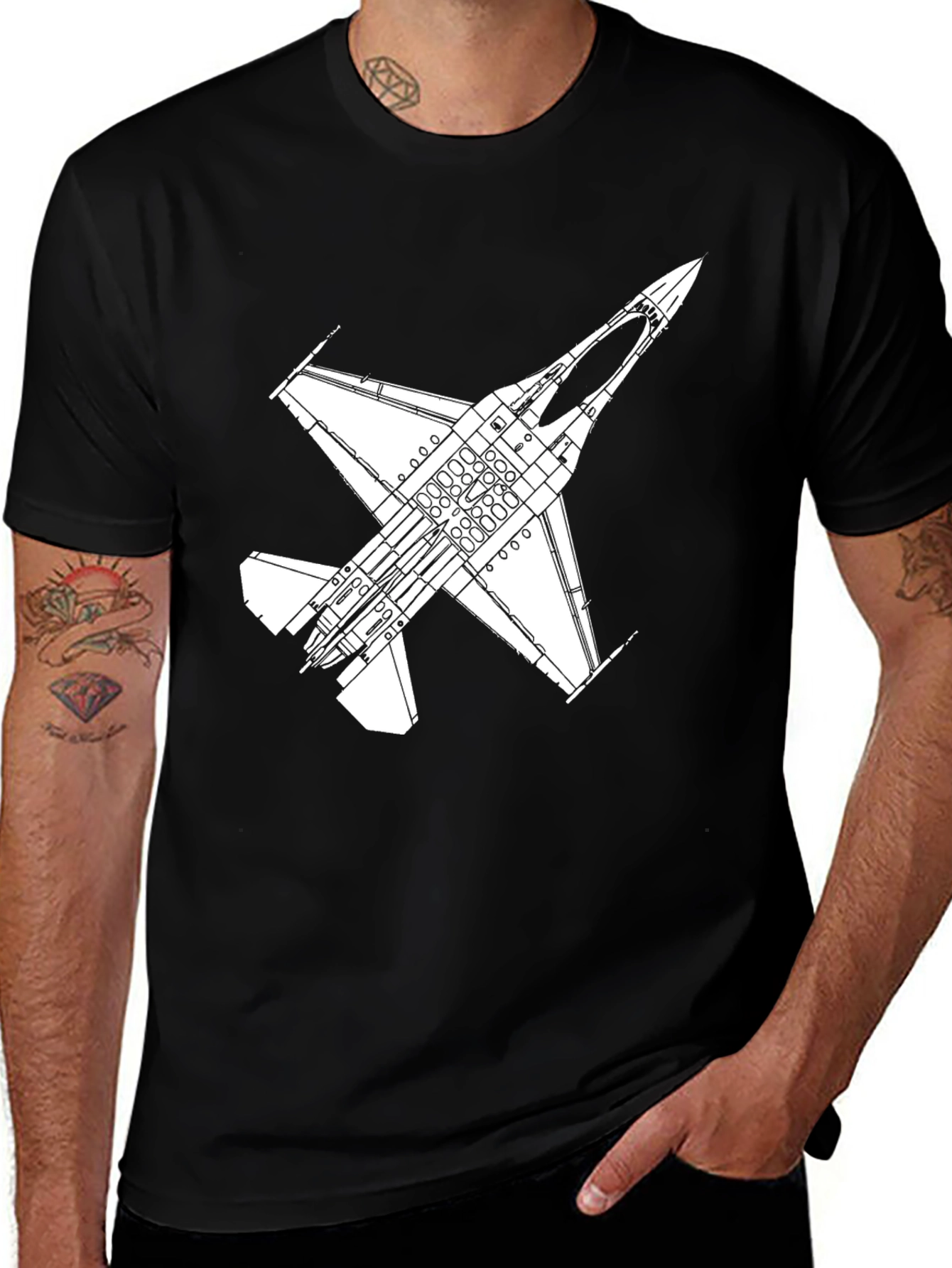 Variant 21 of F-16 Fighter Jet Outline Graphic T-Shirt - Black