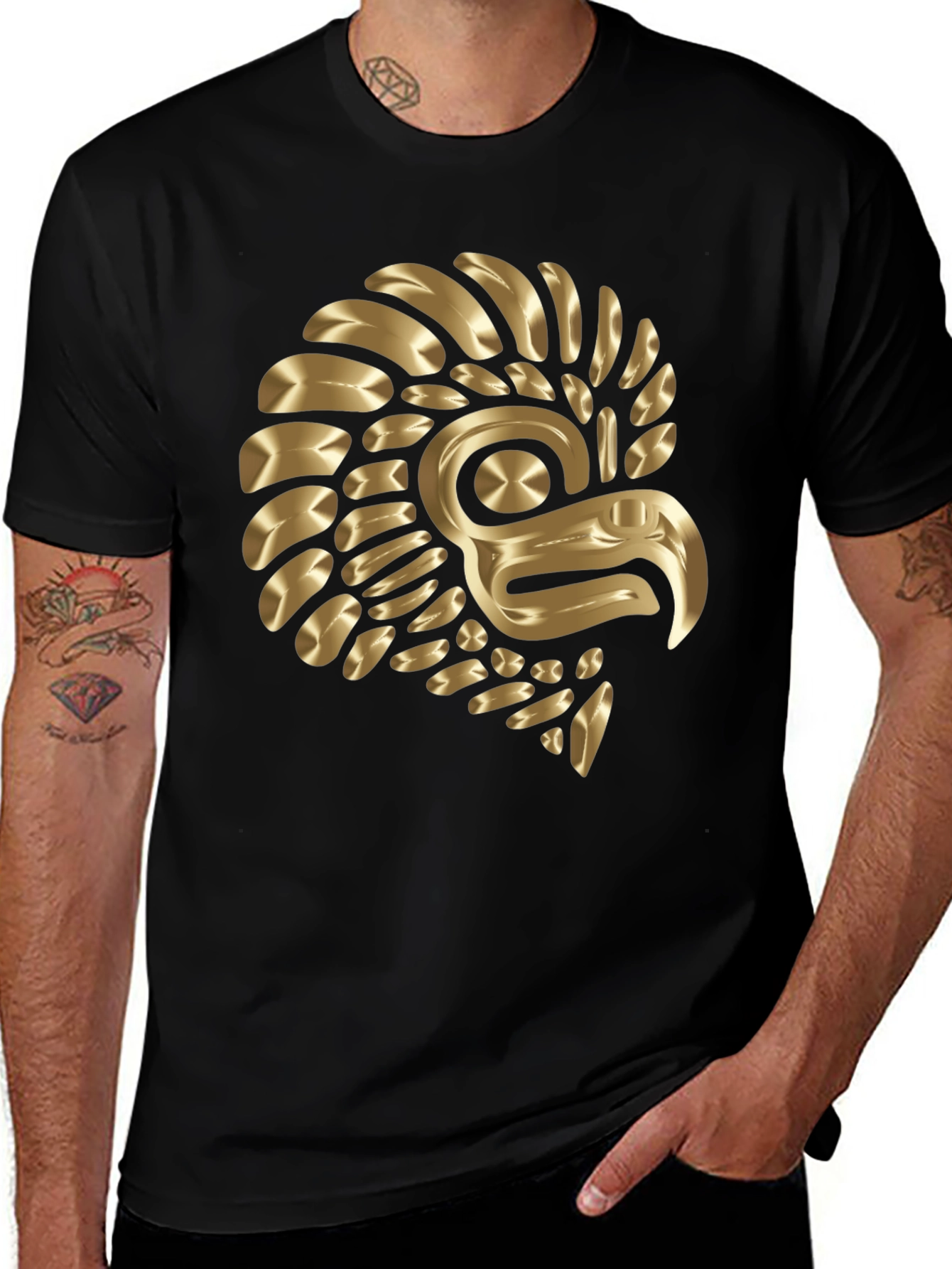 Variant 2 of Aztec Eagle Warrior Gold Print Black T-Shirt