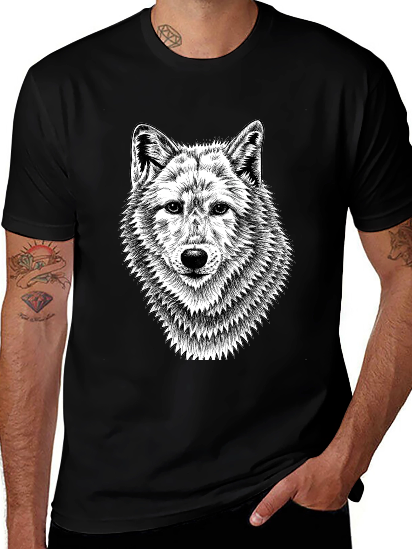 Variant 29 of Black T-Shirt with Wolf Graphic Print for Men