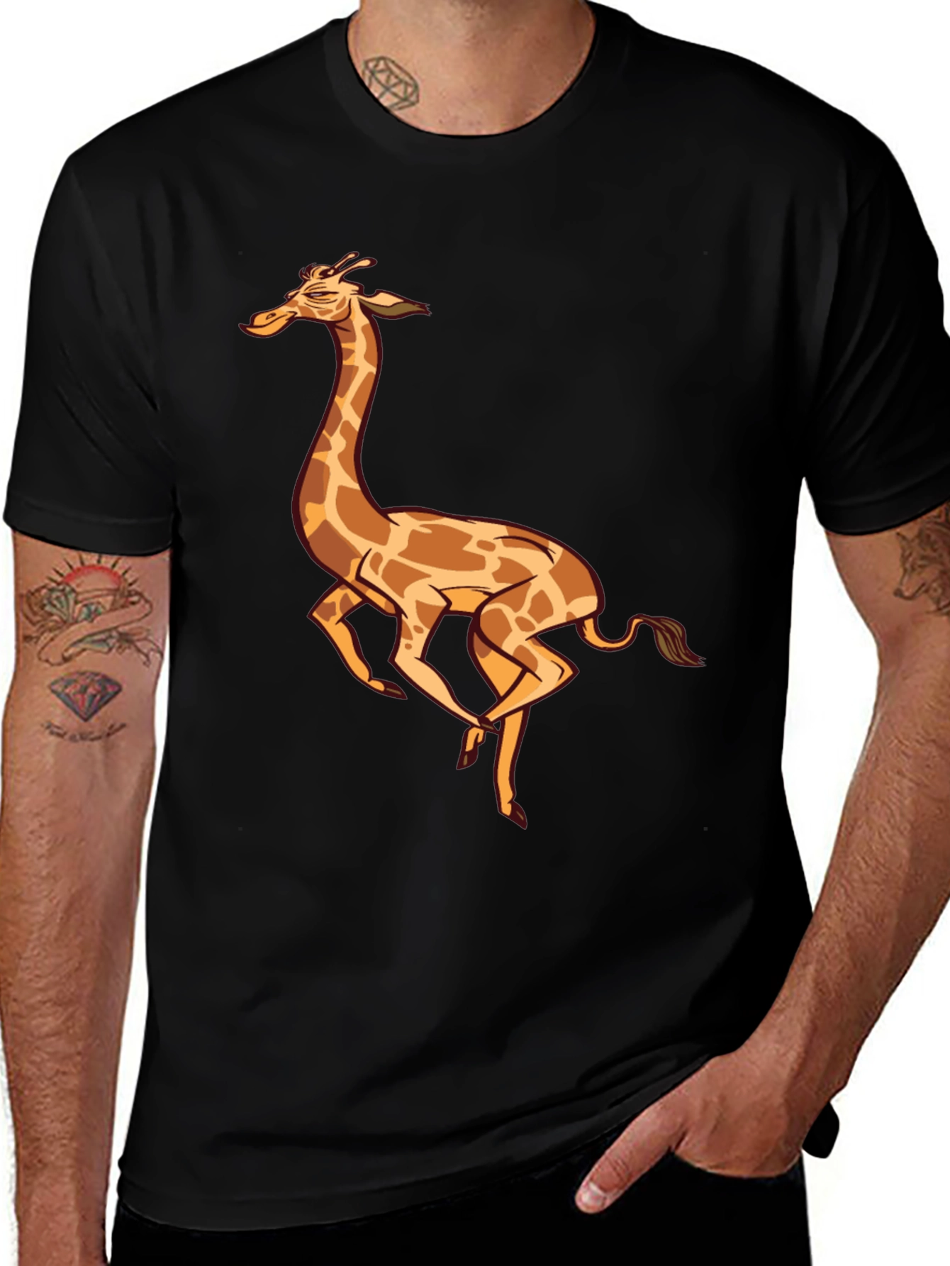 Variant 17 of Cartoon Giraffe Graphic Tee - Black Cotton T-Shirt