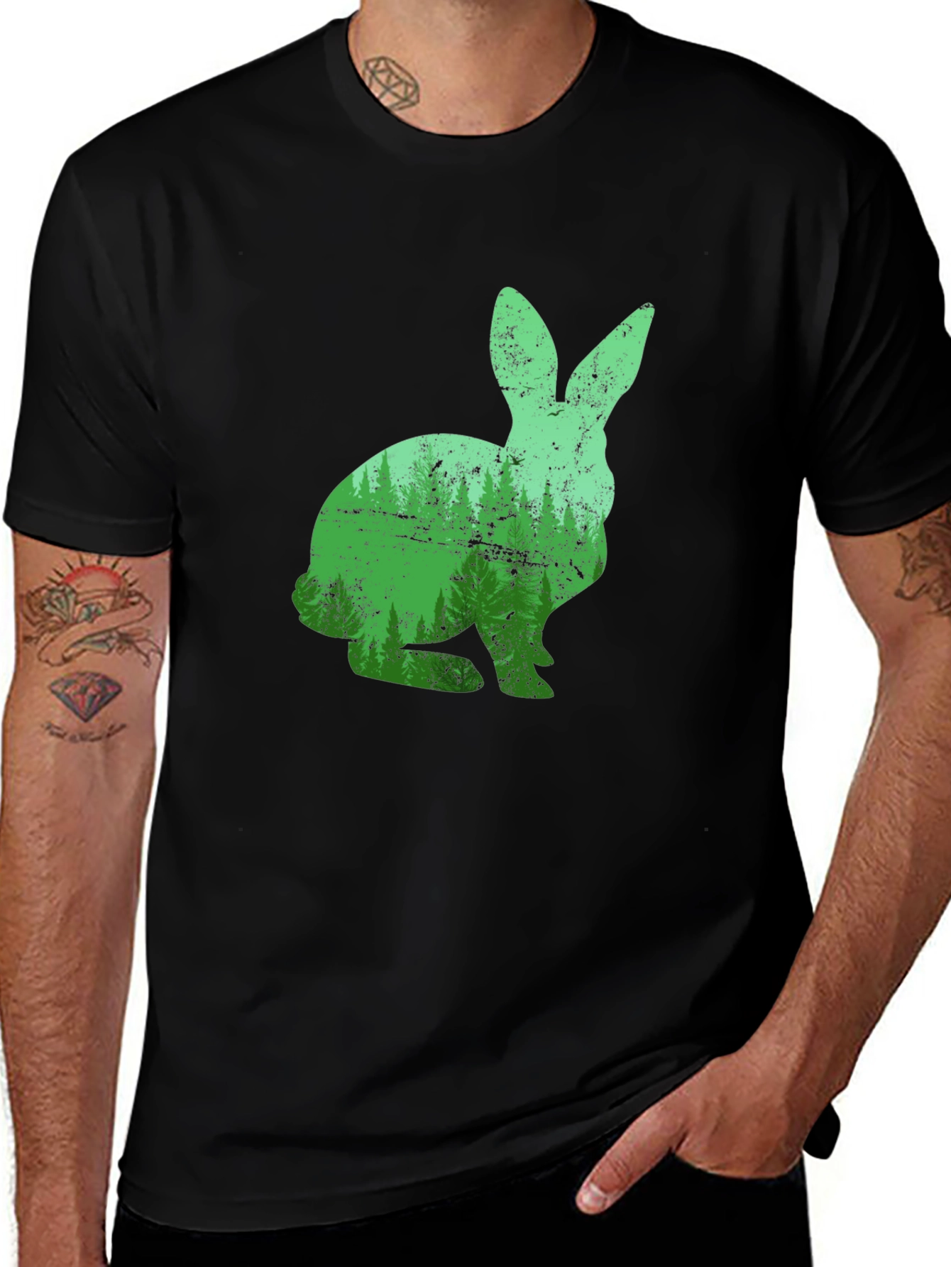 Variant 2 of Nature Rabbit Graphic Tee - Black Cotton Shirt