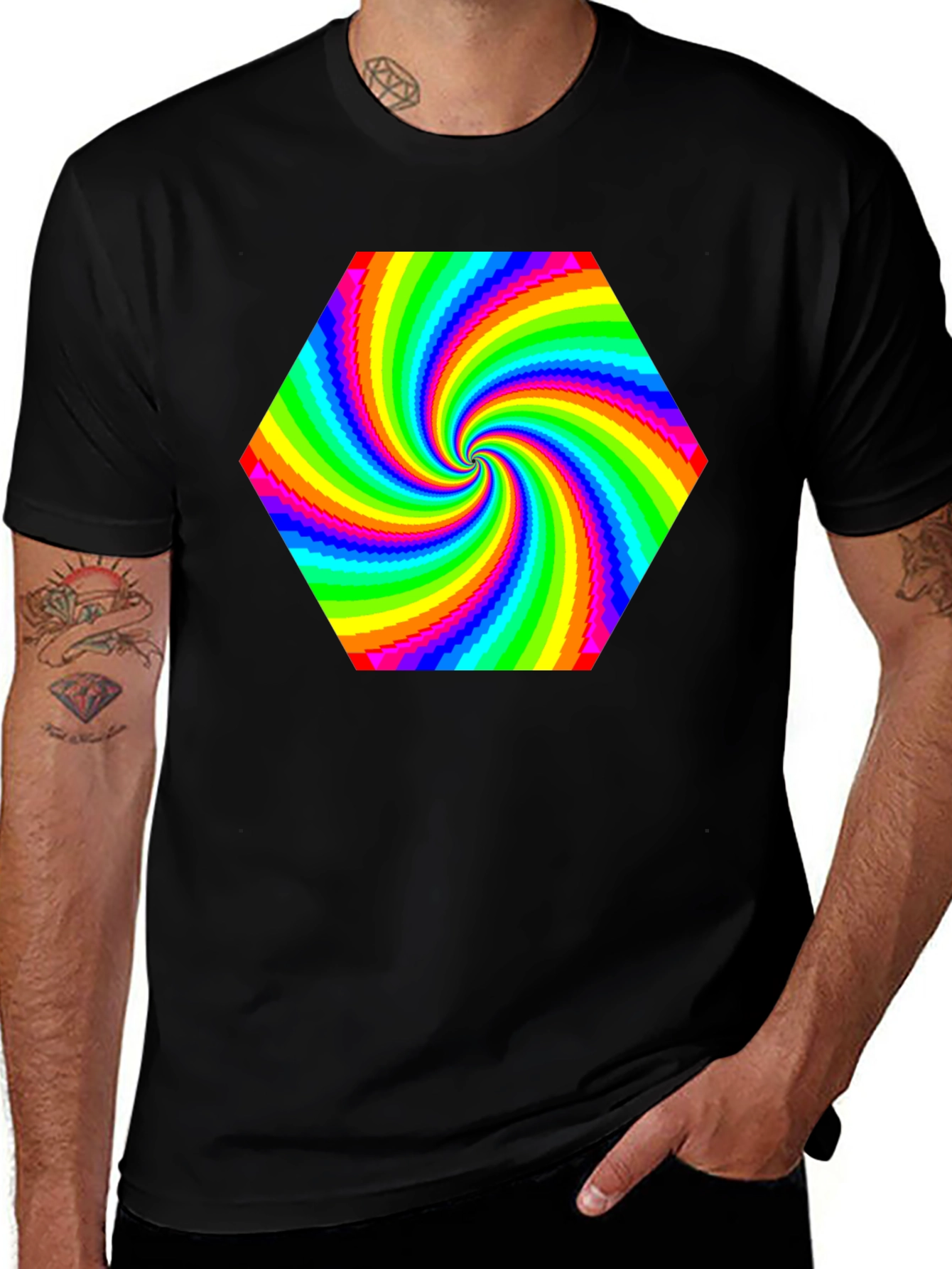 Rainbow Swirl Hexagon Black T-Shirt