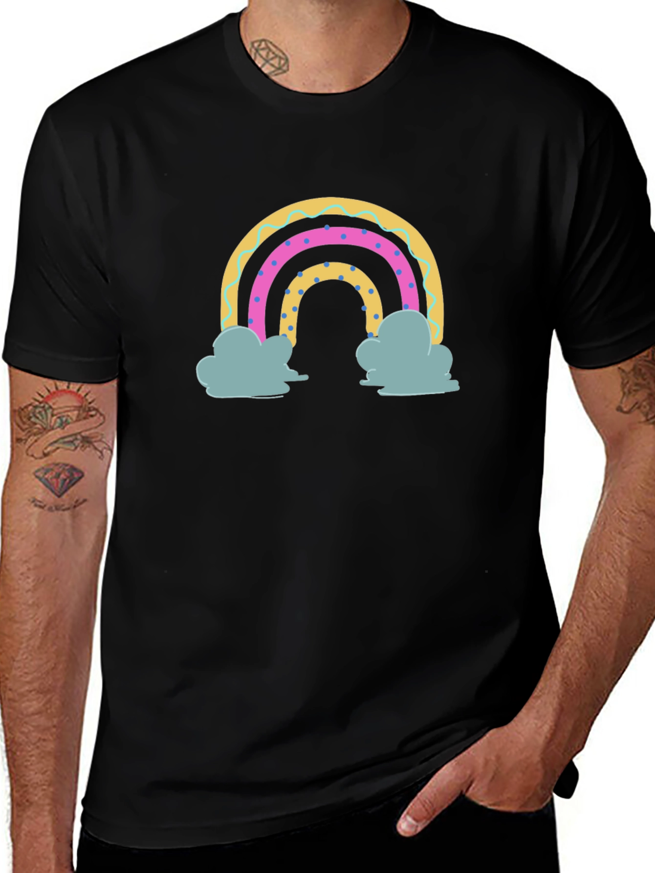 Rainbow Clouds Graphic Tee - Black Cotton T-Shirt