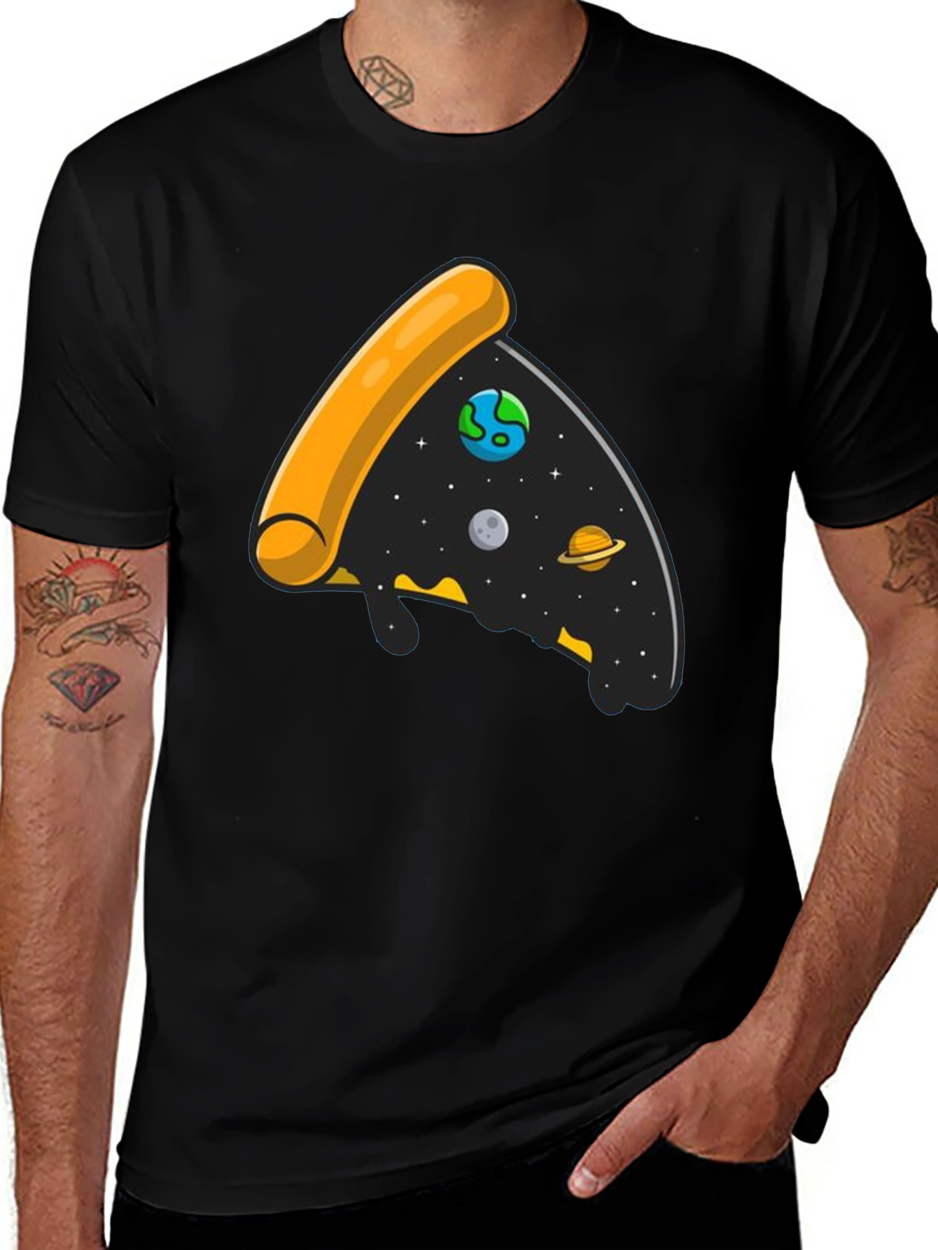 Variant 17 of Space Pizza Graphic Black T-Shirt