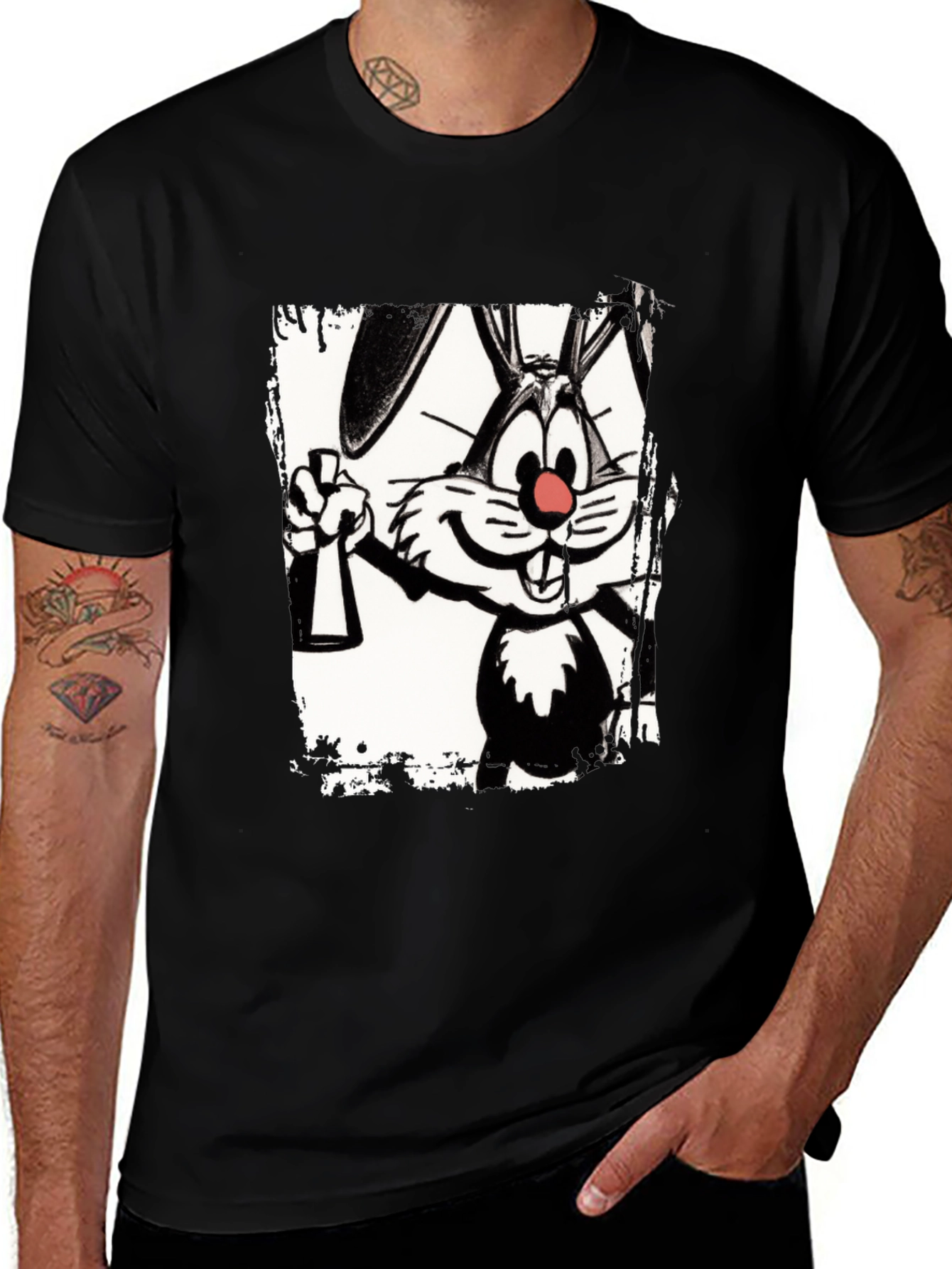 Variant 7 of Cartoon Rabbit Graphic Black T-Shirt