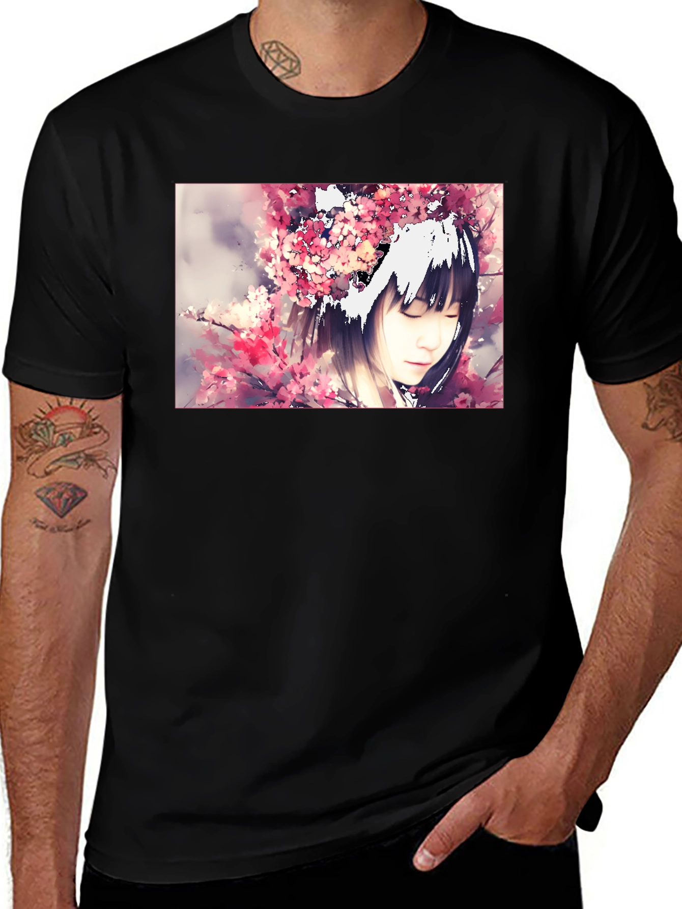 Variant 24 of Anime Girl Cherry Blossom Black T-Shirt
