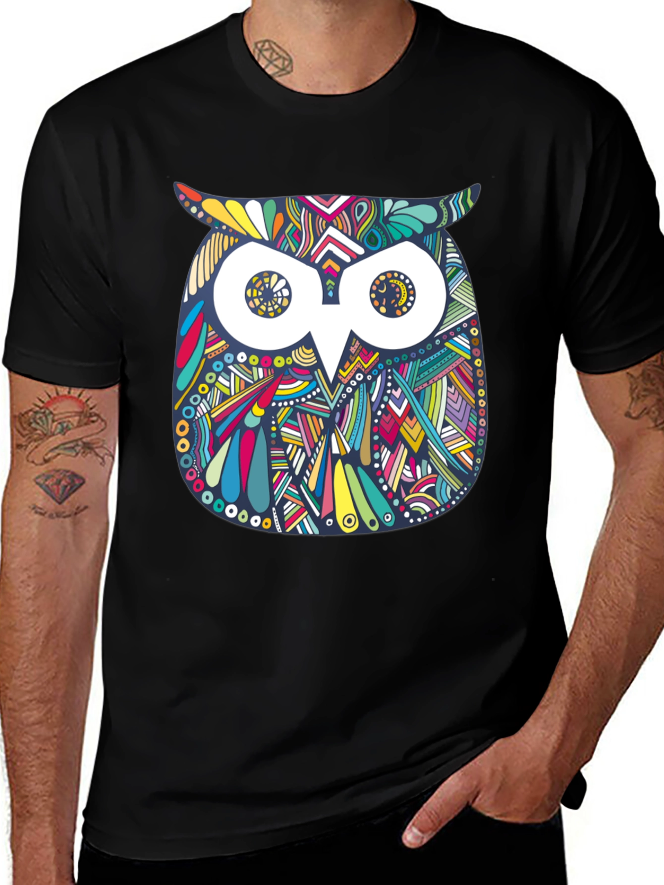 Variant 25 of Colorful Owl Graphic T-Shirt - Men's Black Tee