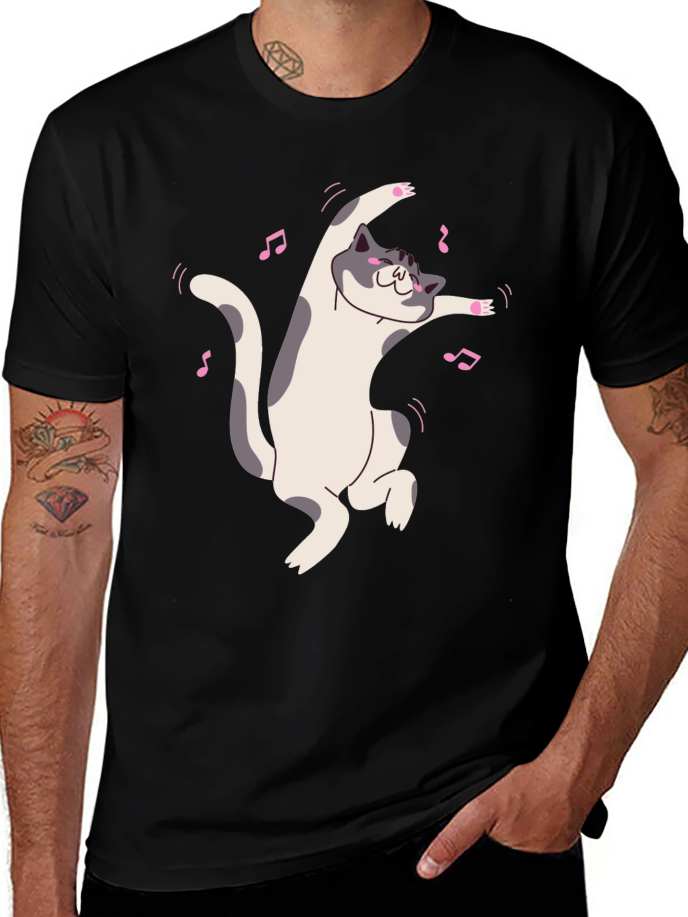 Variant 18 of Dancing Cat Graphic Tee - Black Cotton T-Shirt