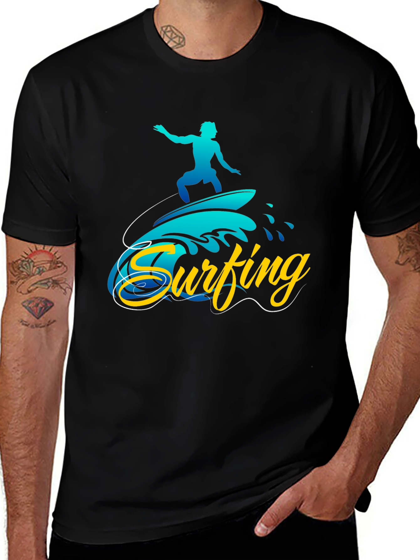 Variant 12 of Surfing Wave Graphic Black T-Shirt