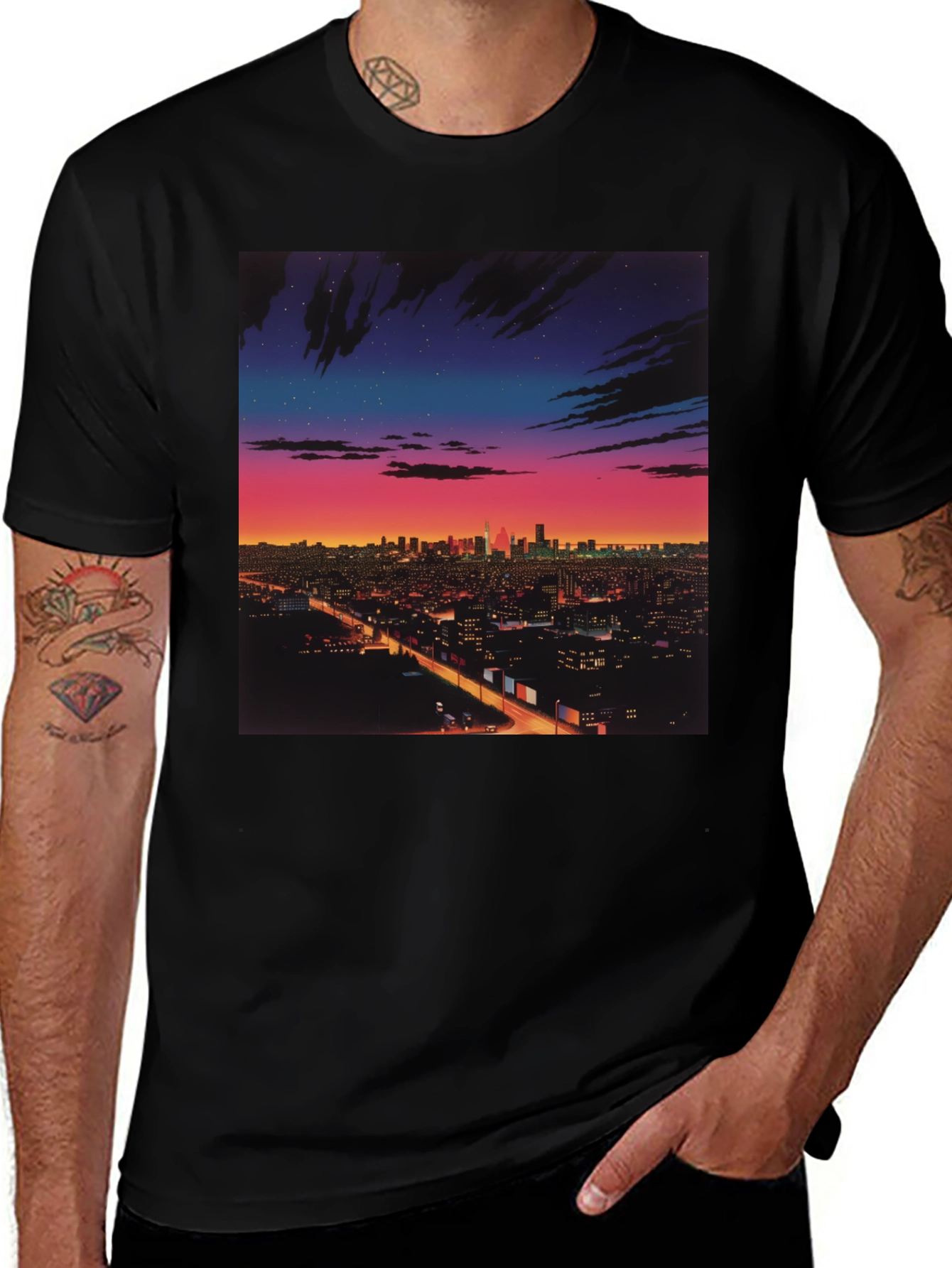 Variant 13 of Night Cityscape Graphic Tee - Retro Vaporwave Style
