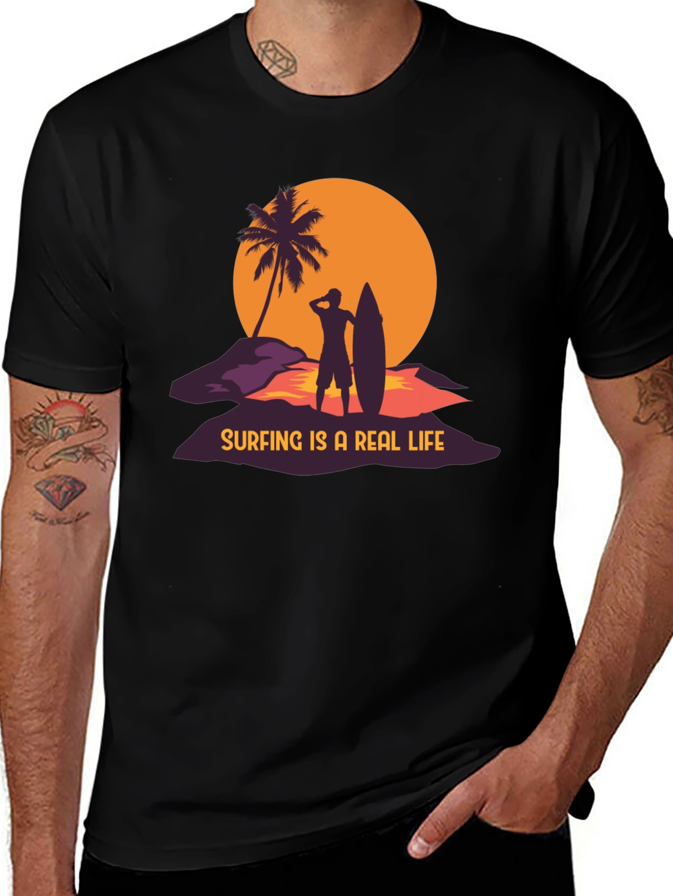 Variant 17 of Surfing is a Real Life Black Graphic T-Shirt