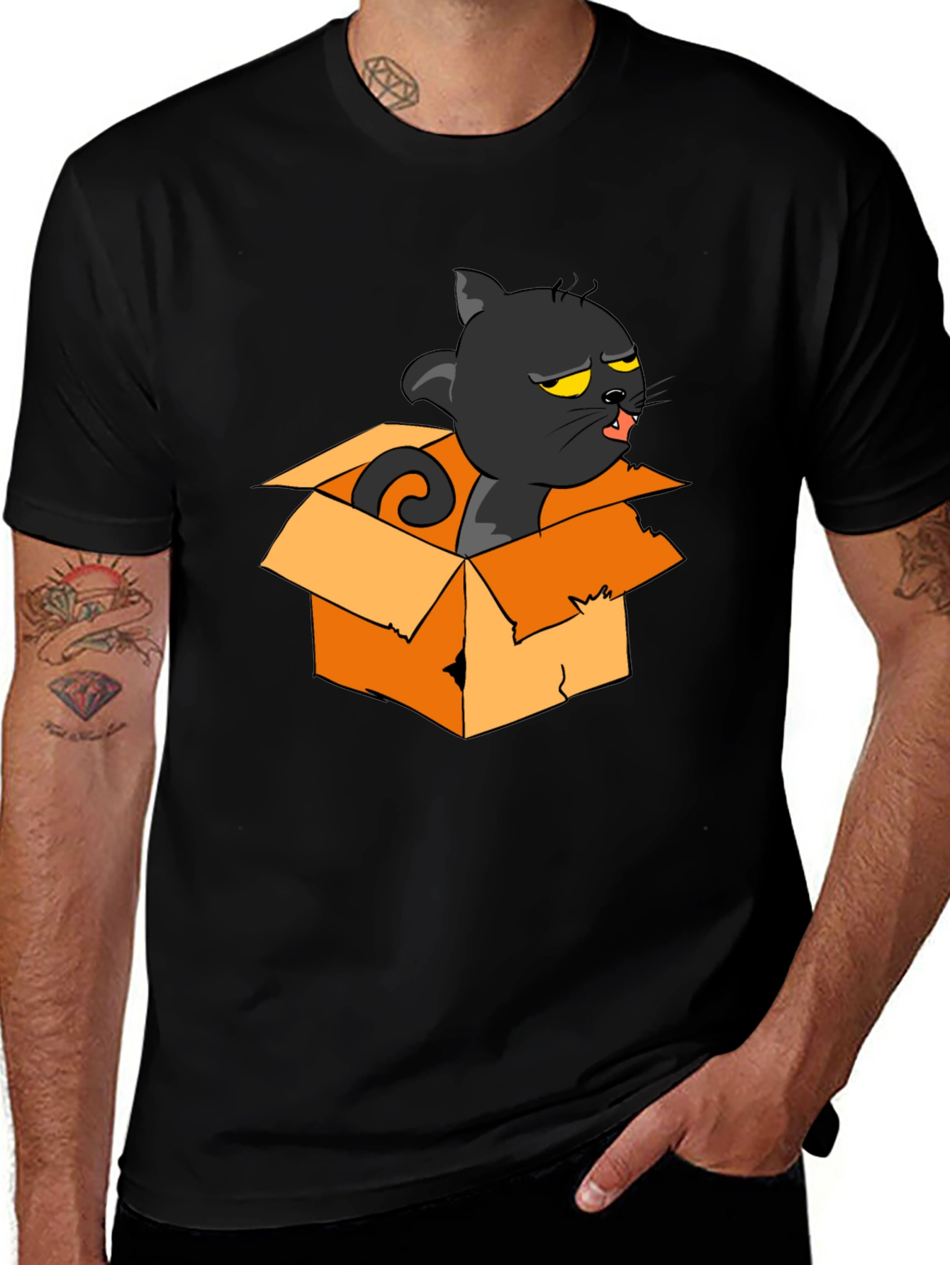 Variant 22 of Cartoon Cat in Box Graphic Tee - Black