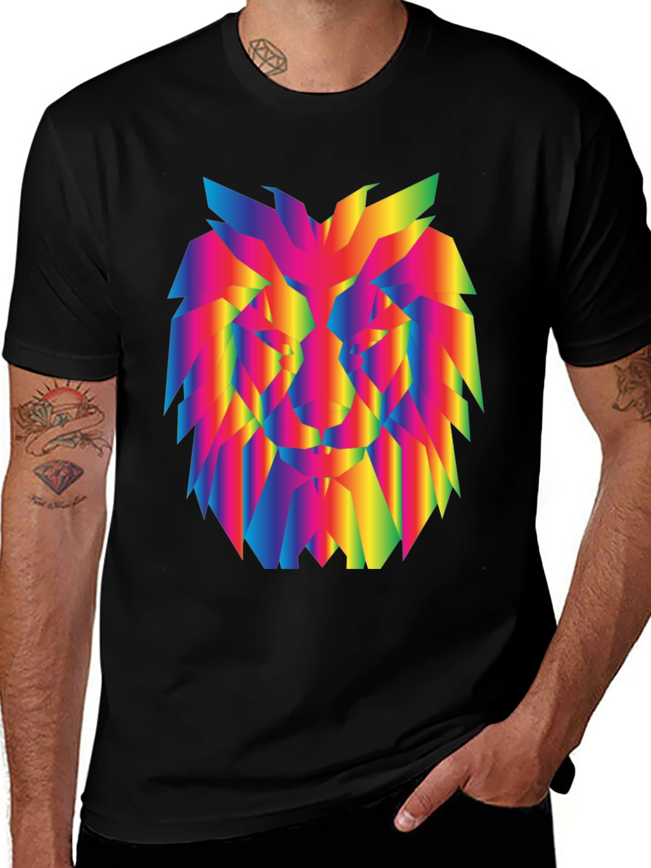 Variant 21 of Rainbow Geometric Lion Graphic Black T-Shirt