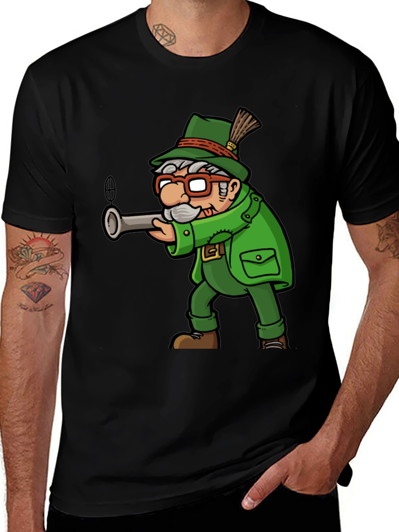 Variant 7 of Cartoon Hunter Graphic Tee - Quirky Novelty Shirt