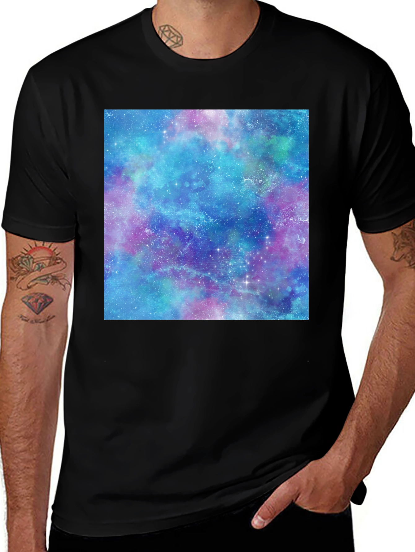 Variant 23 of Galaxy Print T-Shirt - Black Cotton Casual Tee