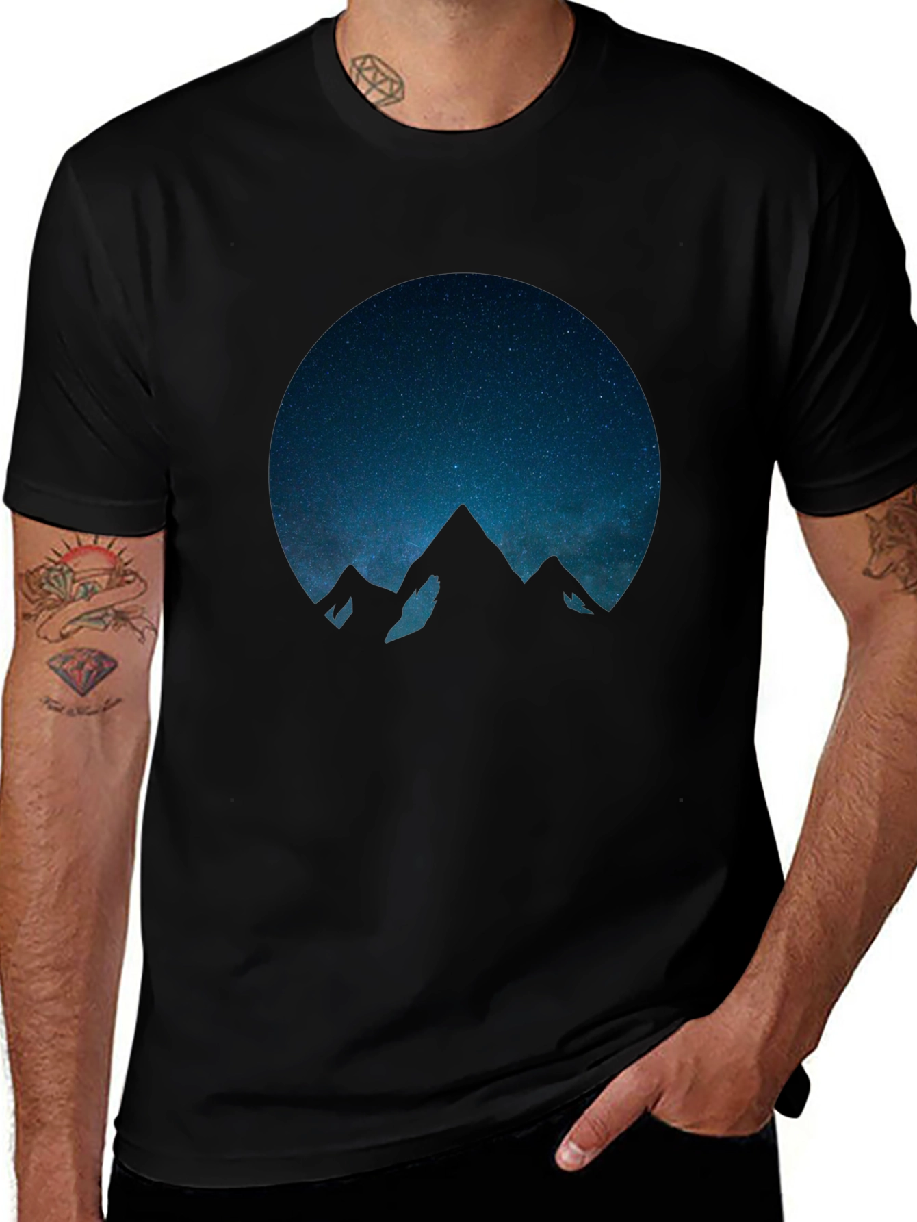 Night Sky Mountain Graphic Tee - Black Cotton Comfort