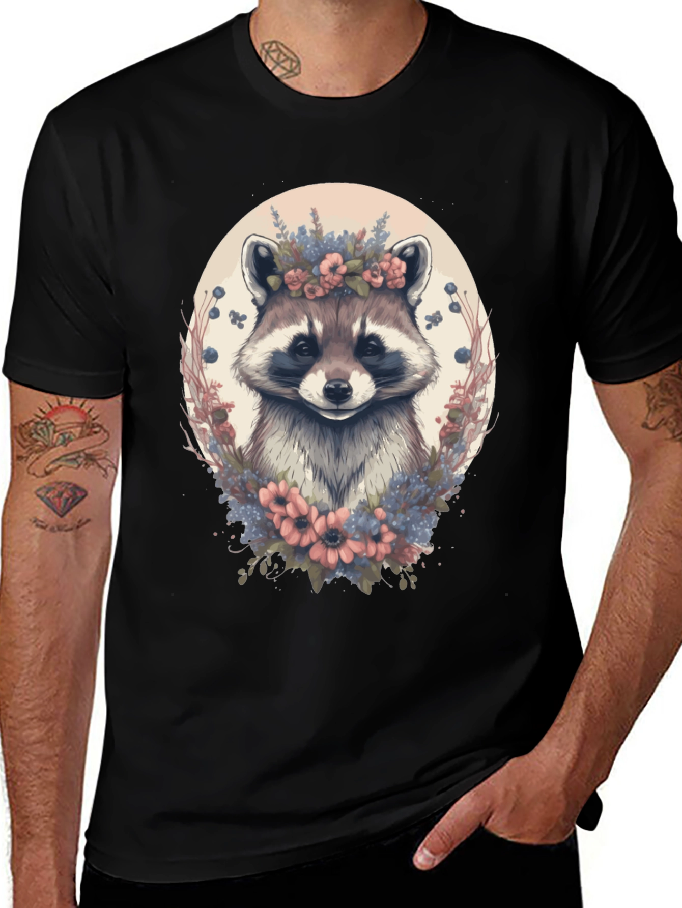 Variant 13 of Raccoon Floral Wreath Graphic Tee