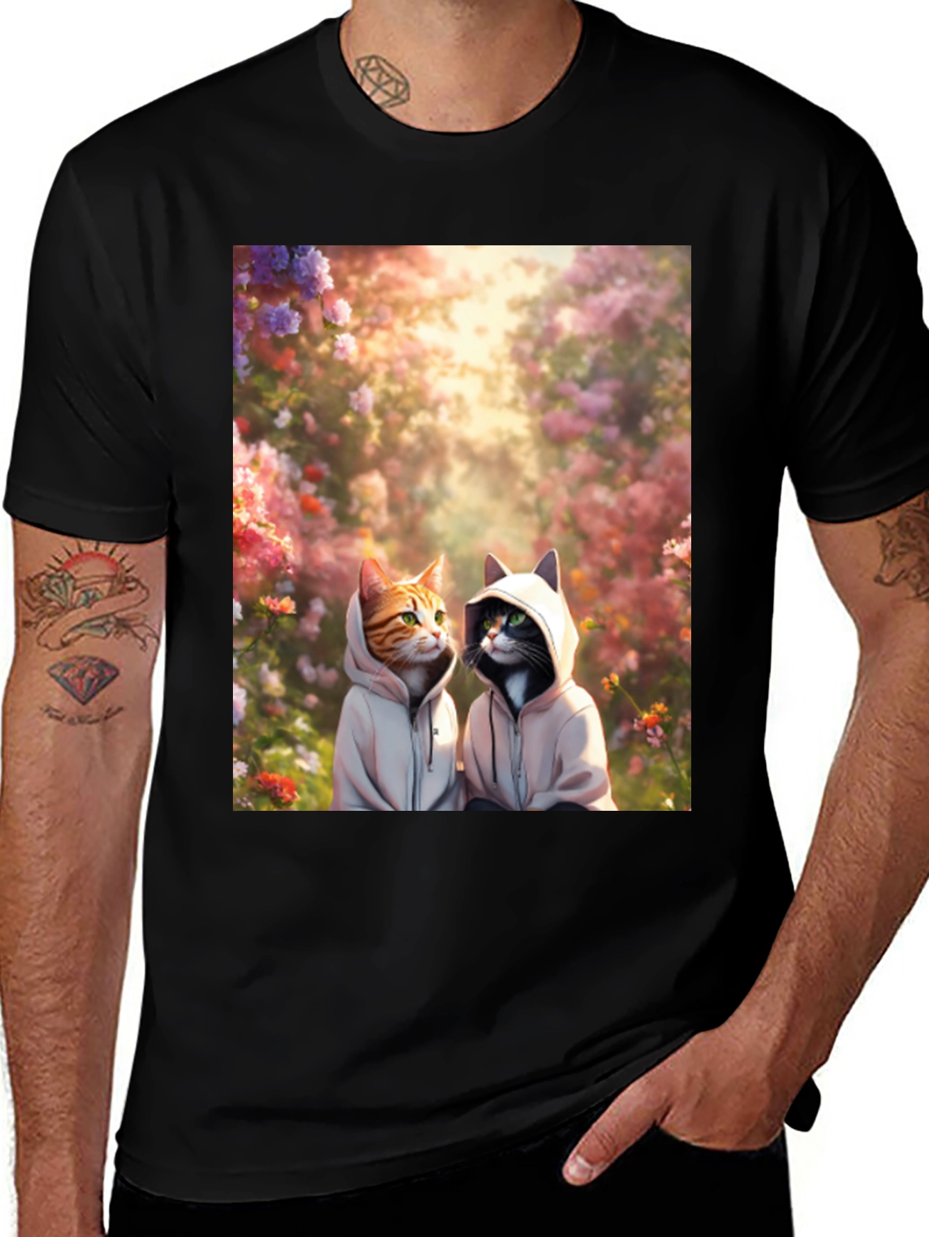 Variant 4 of Cats in Hoodies T-Shirt: Floral Garden Design