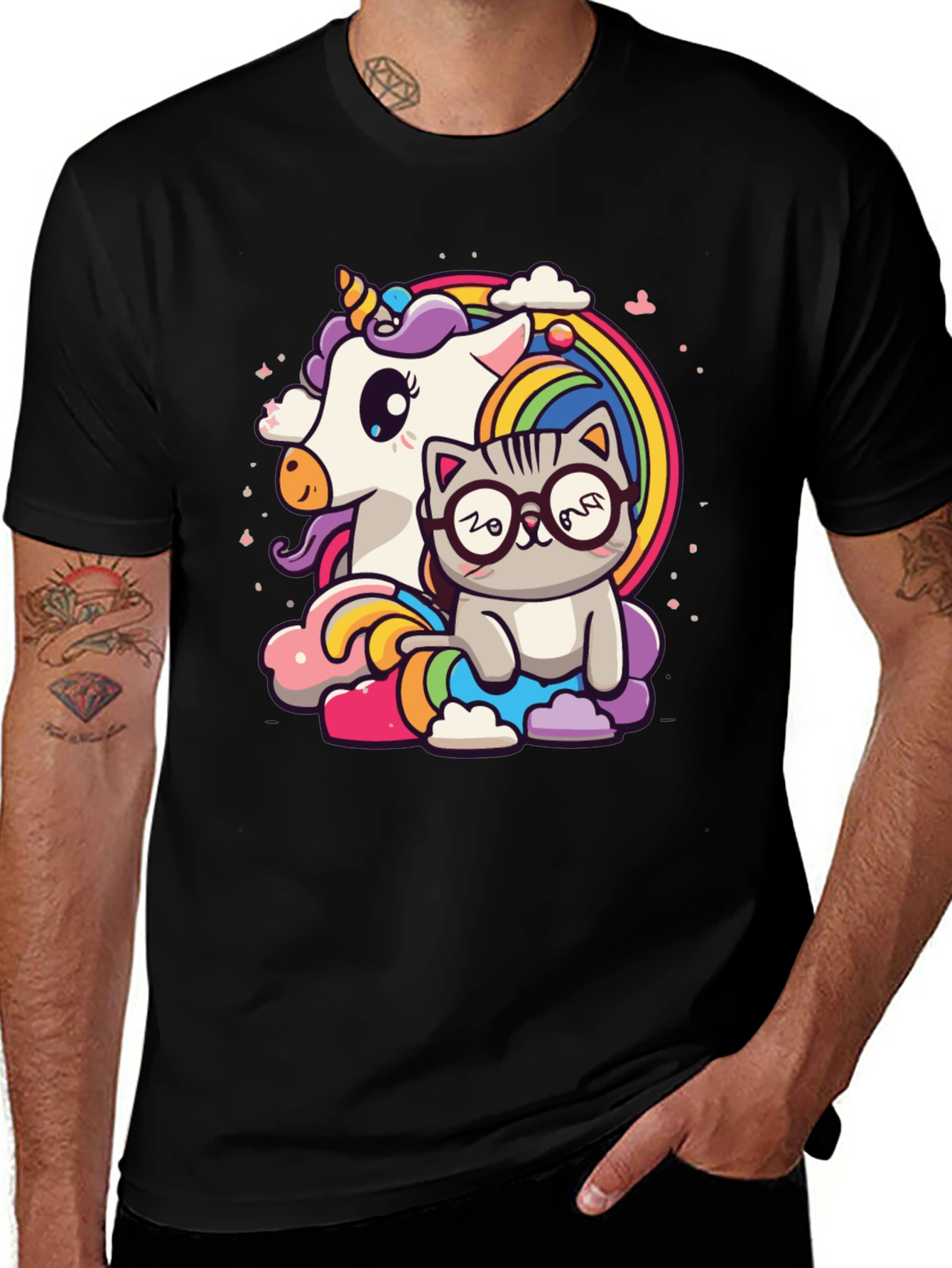 Variant 9 of Unicorn Cat Rainbow Graphic Tee - Black