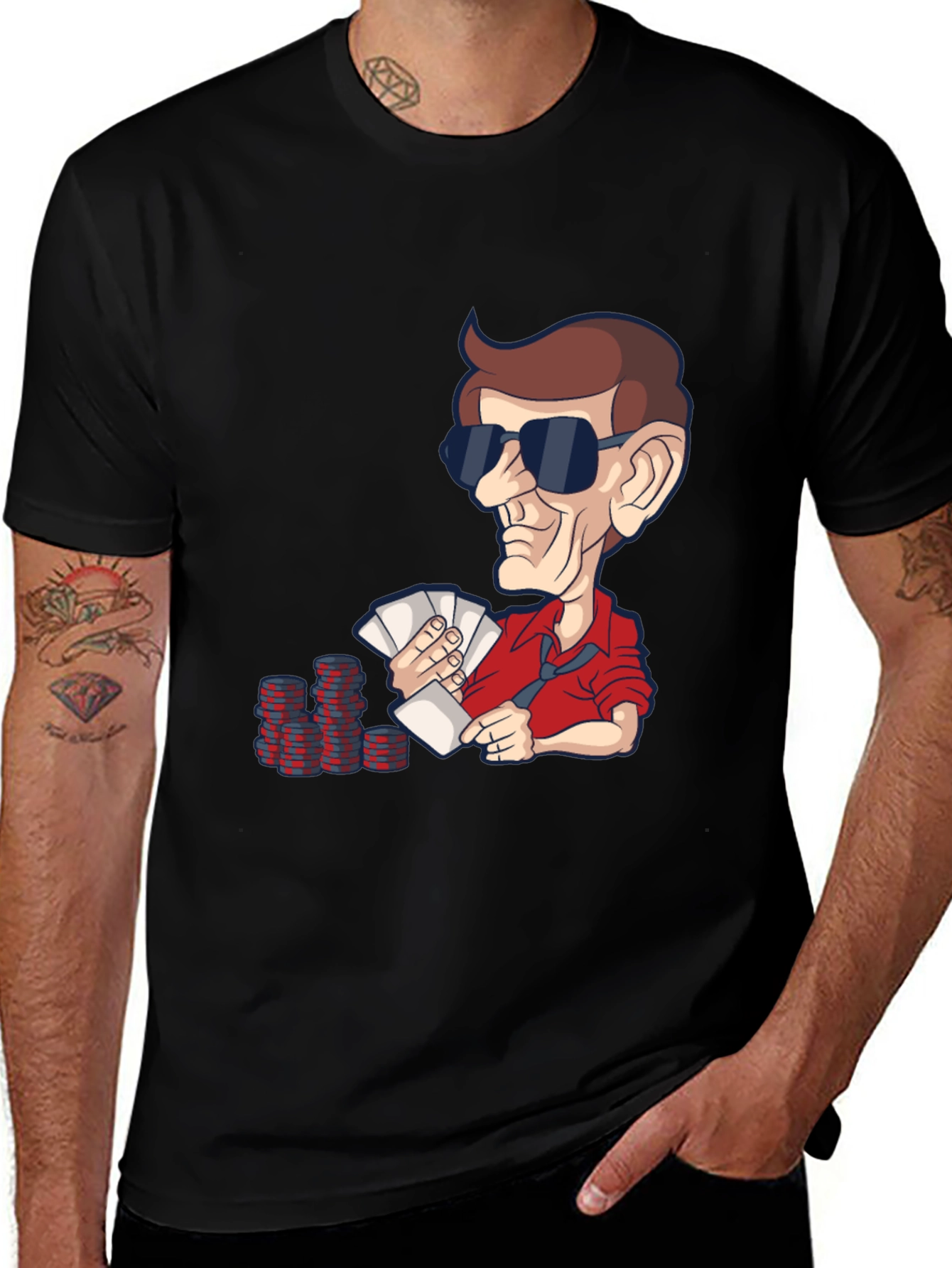 Variant 5 of Poker Player Cartoon Graphic Black T-Shirt