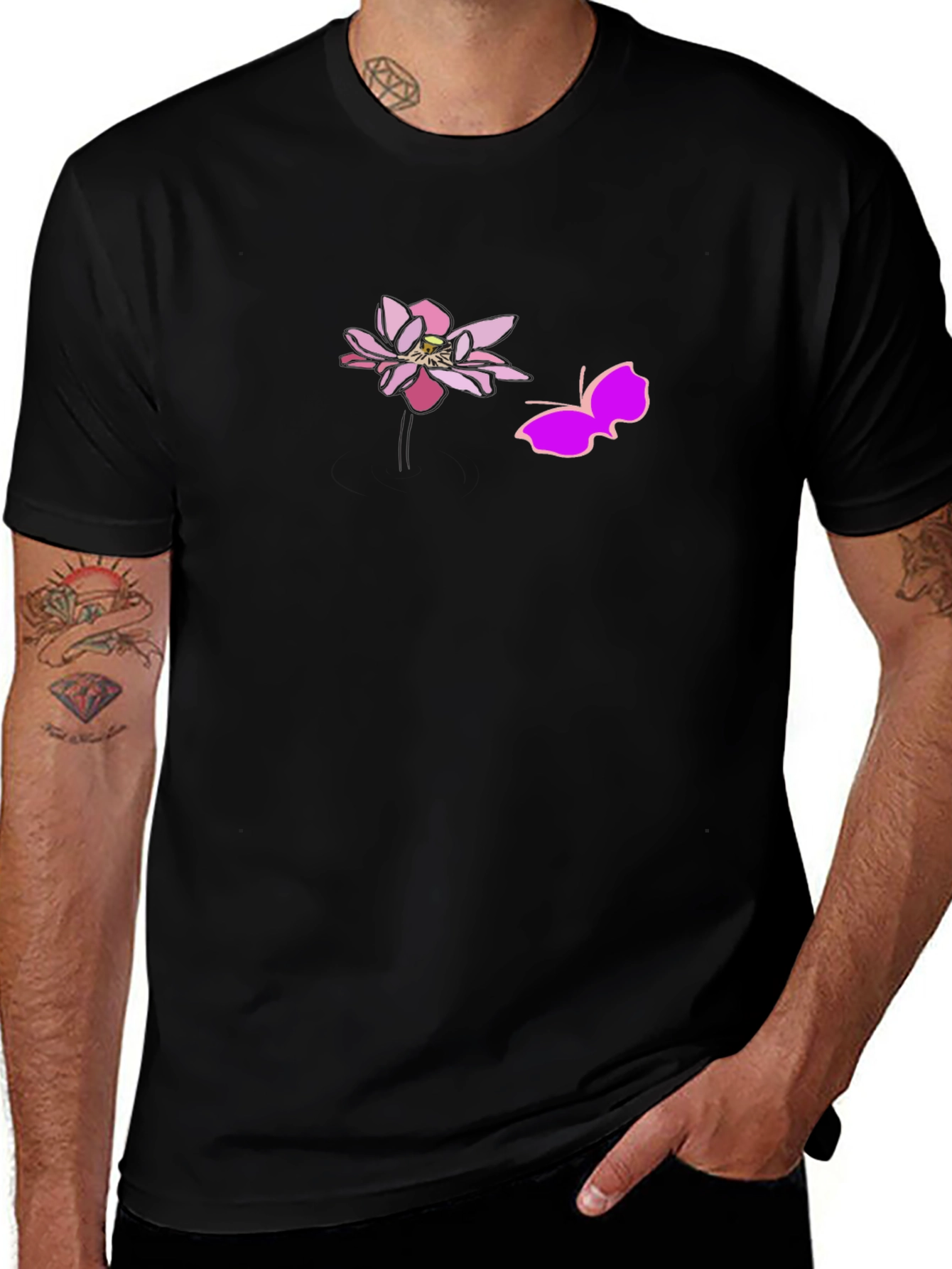 Variant 29 of Black Graphic Tee with Pink Lotus and Butterfly Design
