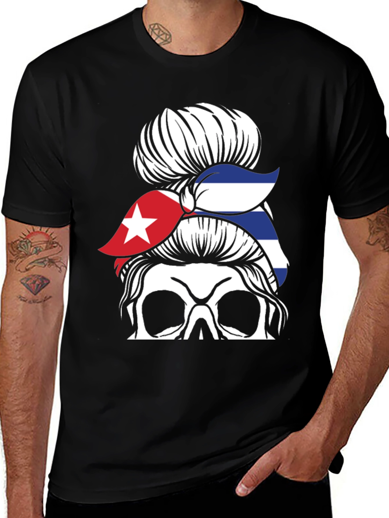 Cuban Flag Skull Messy Bun Graphic T-Shirt