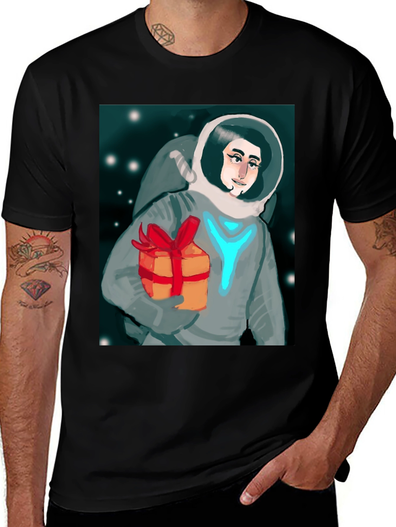 Variant 5 of Astronaut with Gift Graphic Tee - Black Cotton T-Shirt