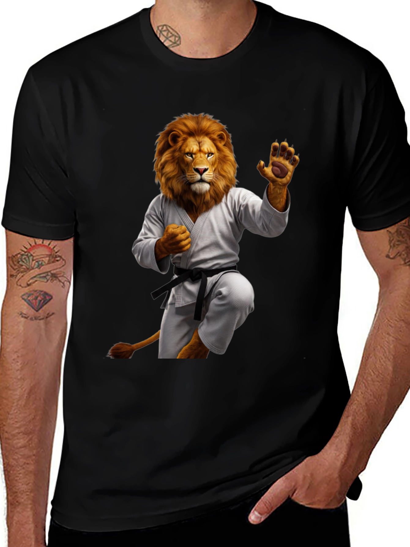 Variant 27 of Karate Lion Graphic T-Shirt - Black, Unique Animal Design