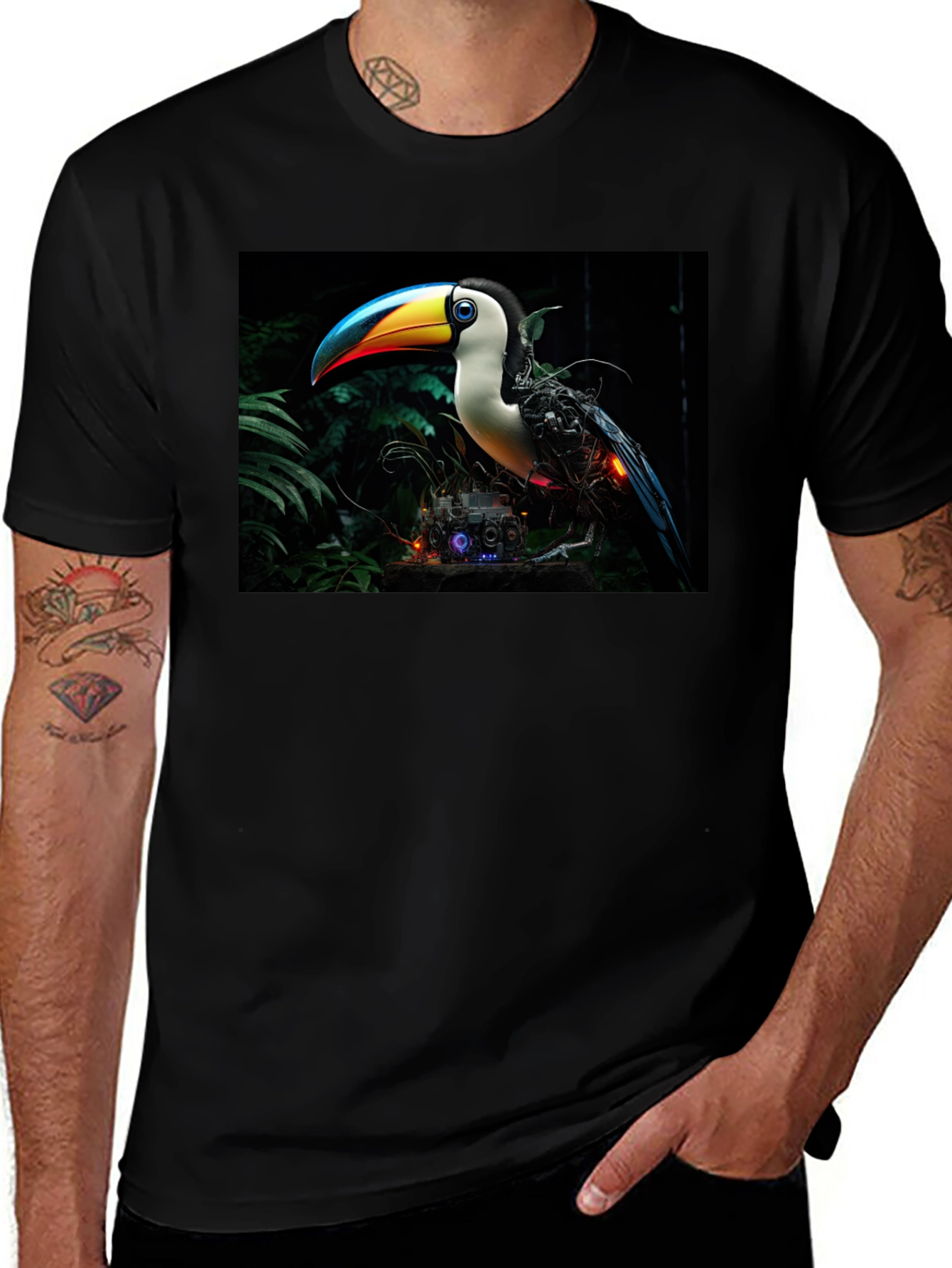 Variant 26 of Futuristic Toucan Graphic Tee - Black Cotton Blend