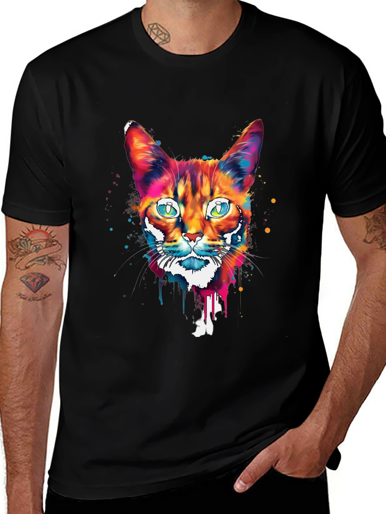 Variant 21 of Colorful Cat Graphic Print Men's Black T-Shirt