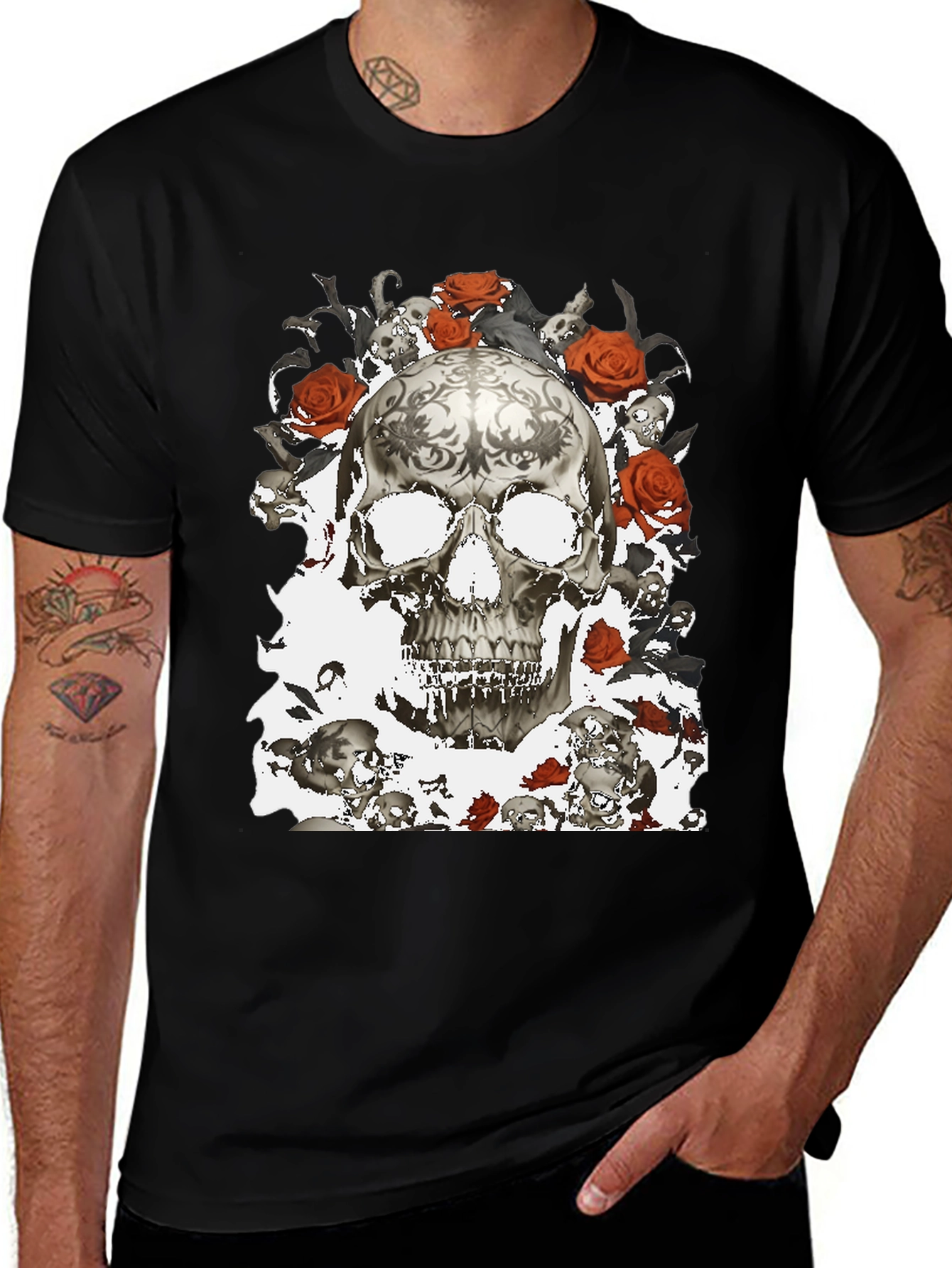 Variant 26 of Skull & Roses Graphic T-Shirt - Gothic Style