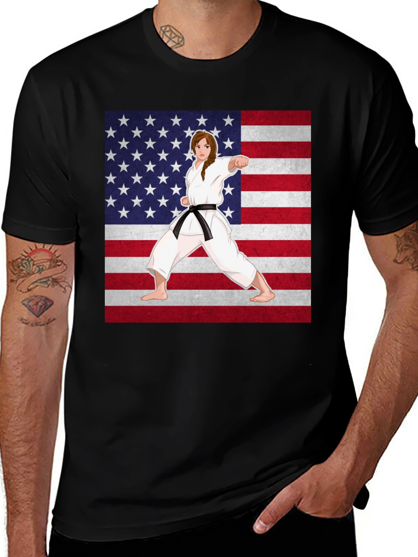 Variant 5 of Karate Girl USA Flag T-Shirt - Martial Arts Pride
