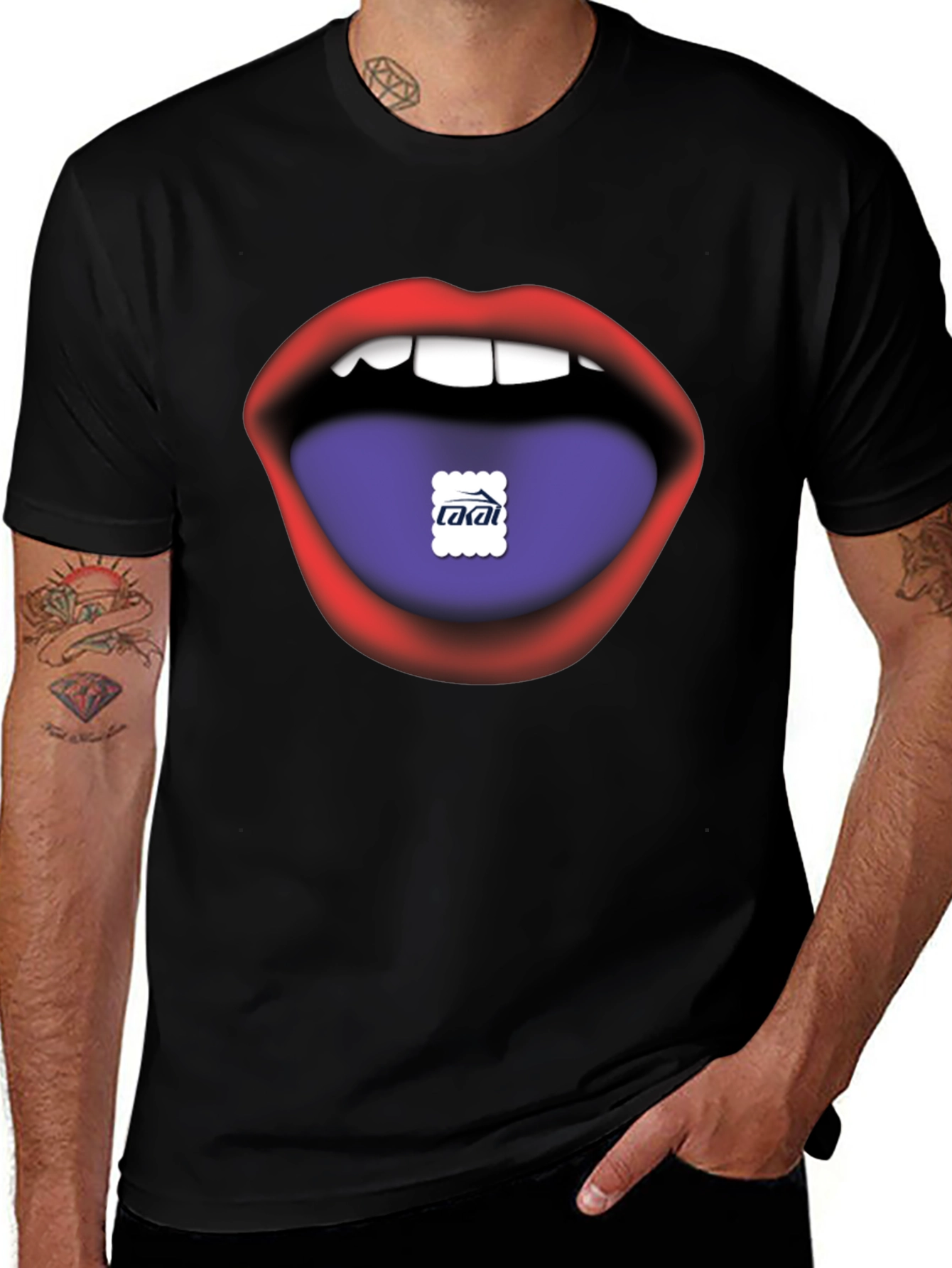 Lips Tongue Graphic Print Men's Black T-Shirt