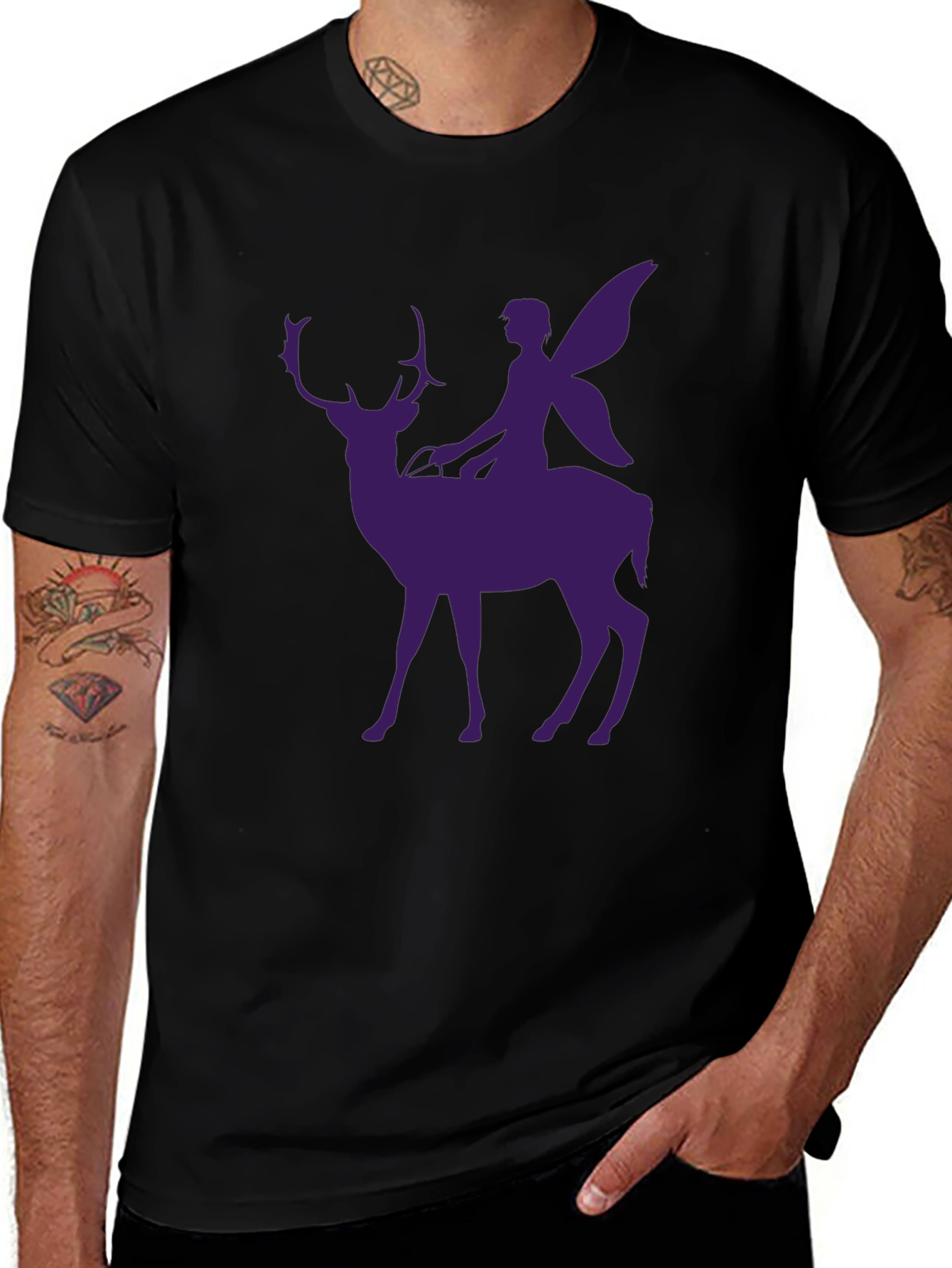 Variant 7 of Fairy Riding Deer Graphic Tee - Black Casual Shirt