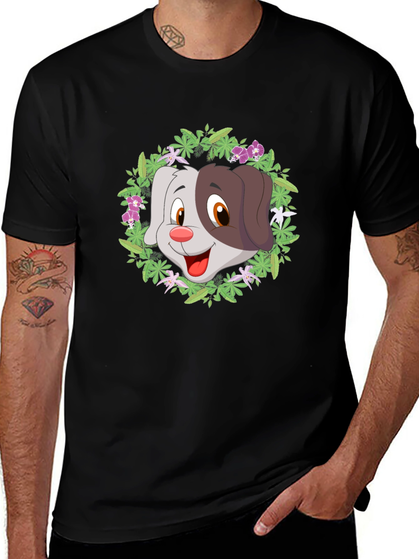 Variant 4 of Dog Cartoon Floral Wreath Graphic T-Shirt